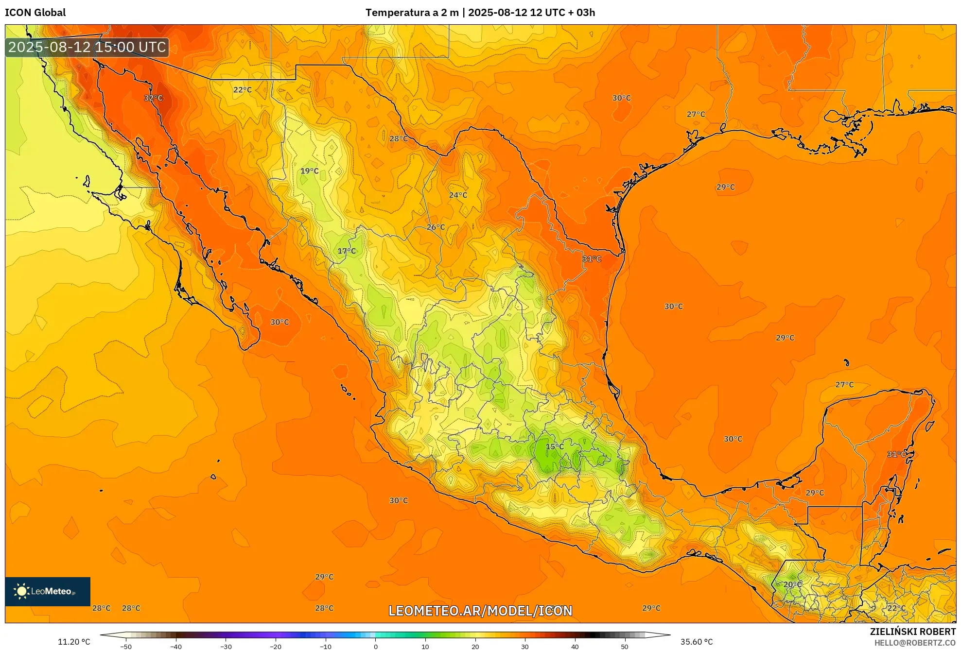 ICON model - México, Temperatura a 2 m ICON model - México, Temperatura a 2 m