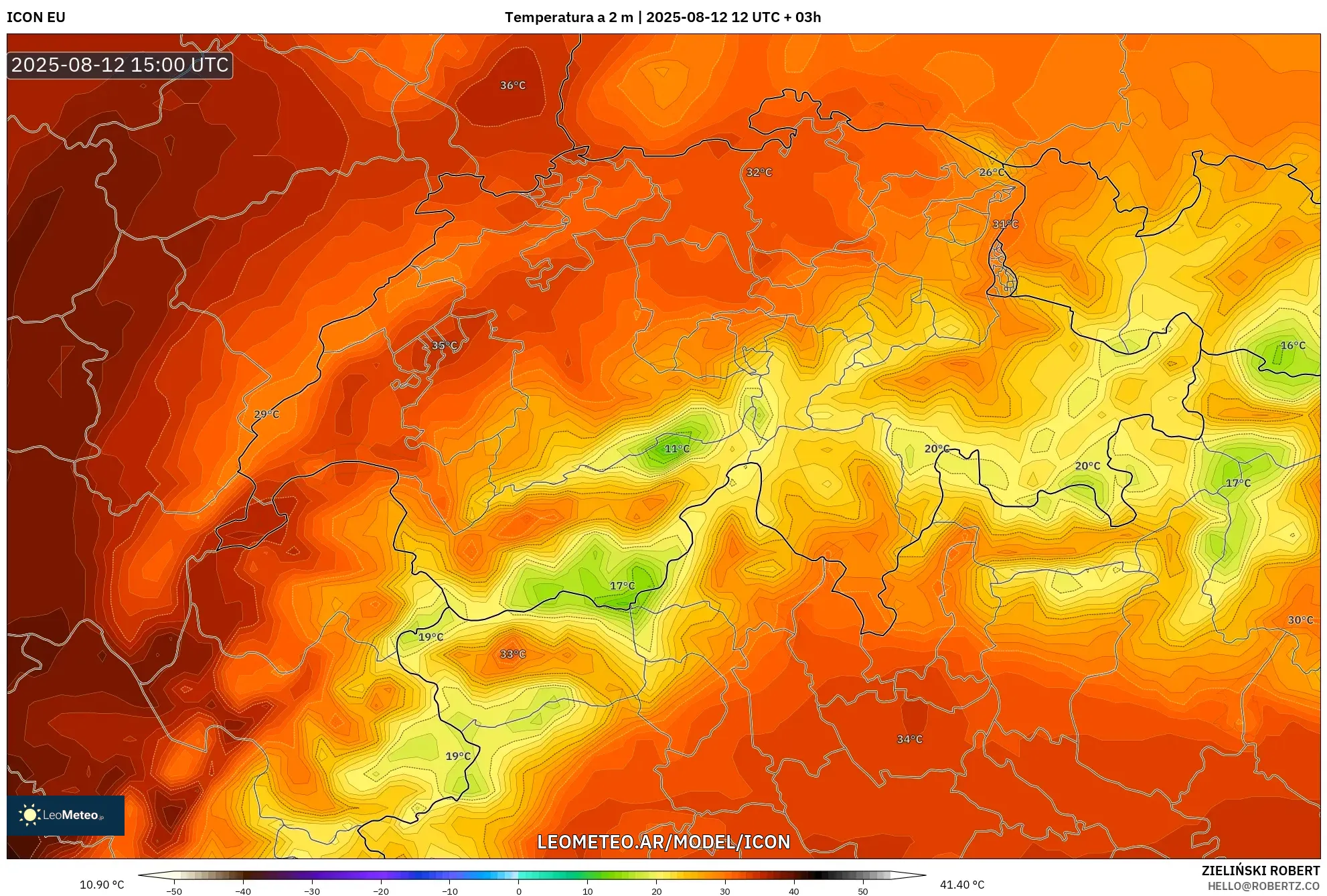 ICON model - Suiza, Temperatura a 2 m
