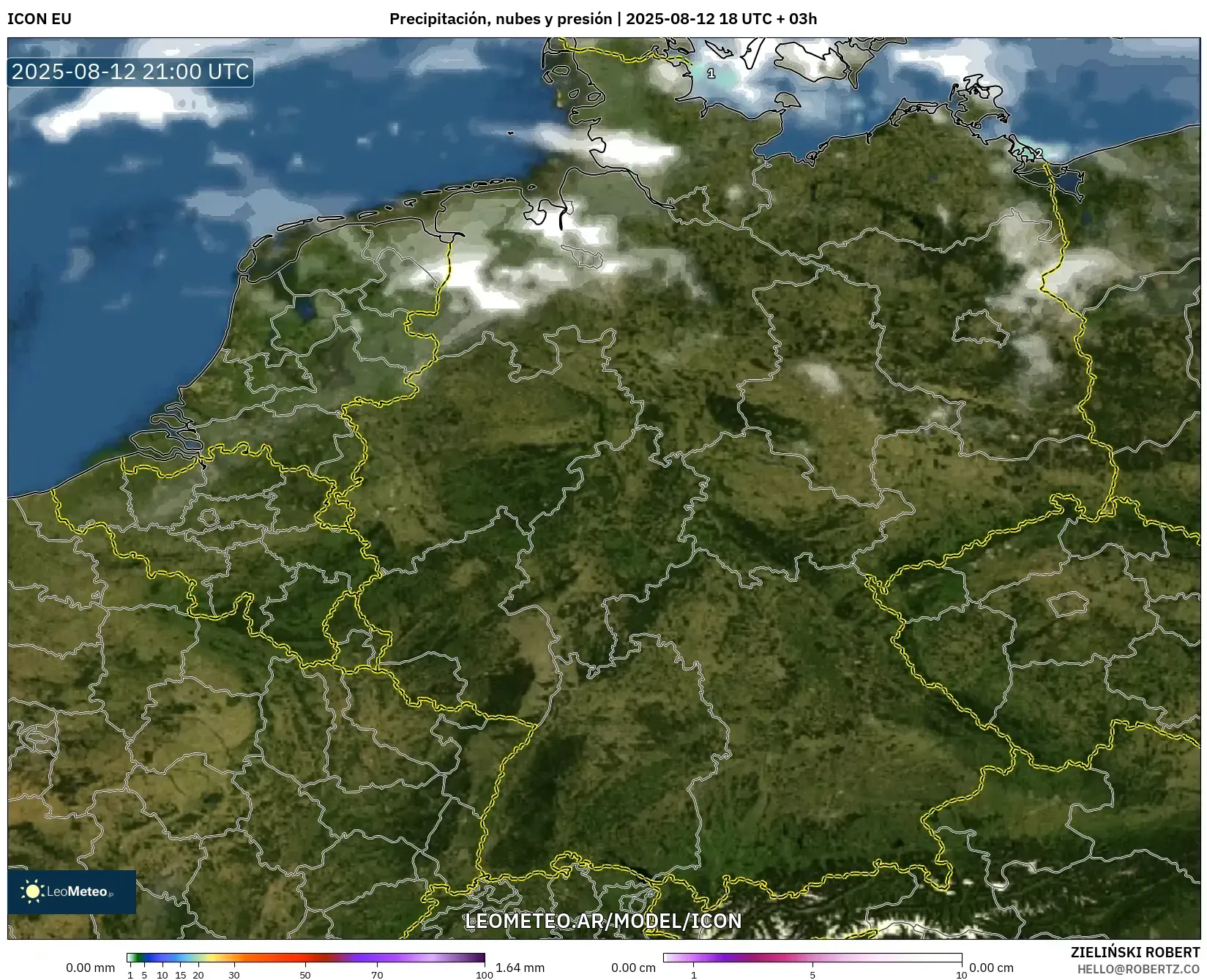 ICON model - Alemania, Precipitación, nubes y presión ICON model - Alemania, Precipitación, nubes y presión