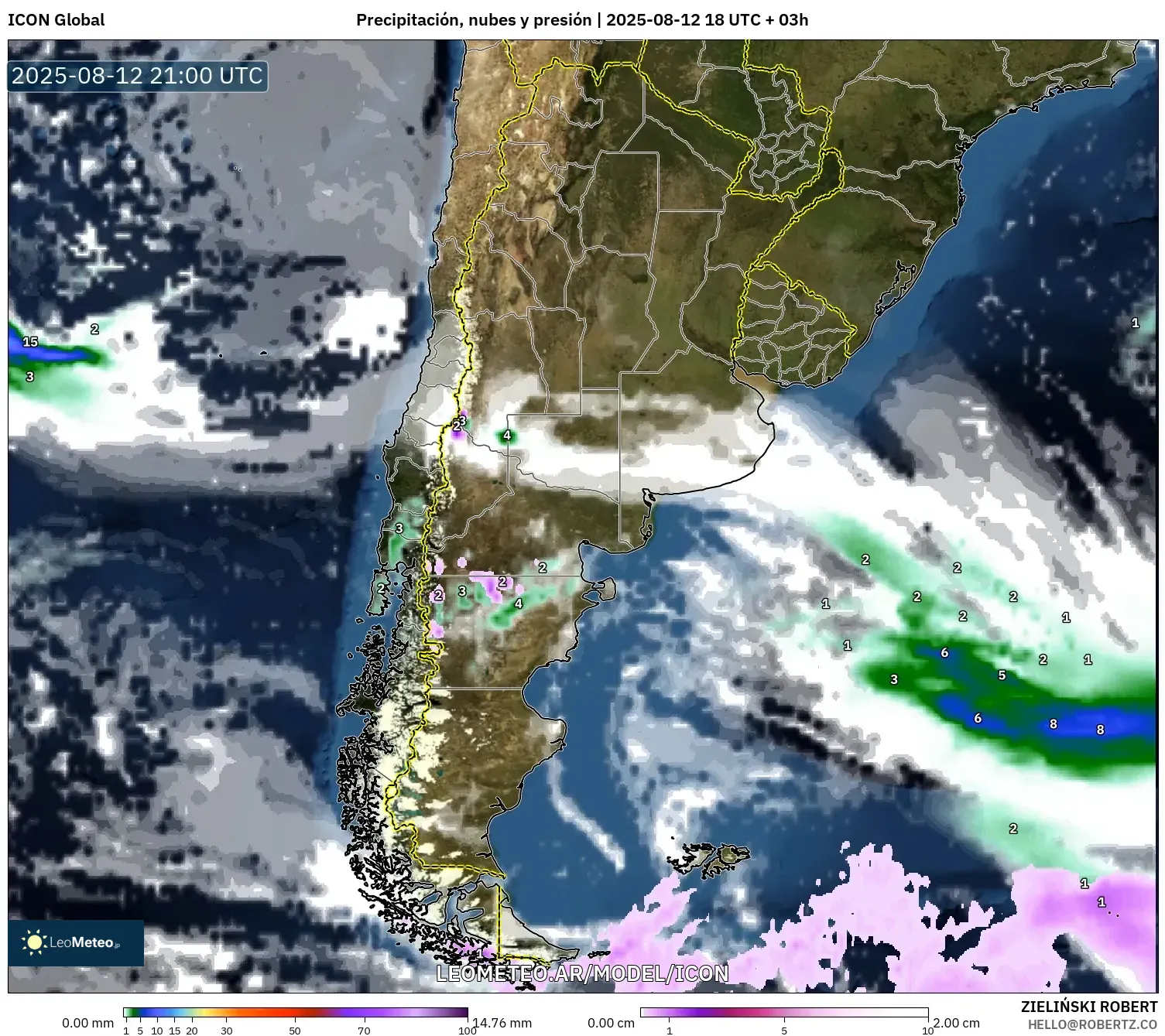 ICON model - Argentina, Precipitación, nubes y presión ICON model - Argentina, Precipitación, nubes y presión