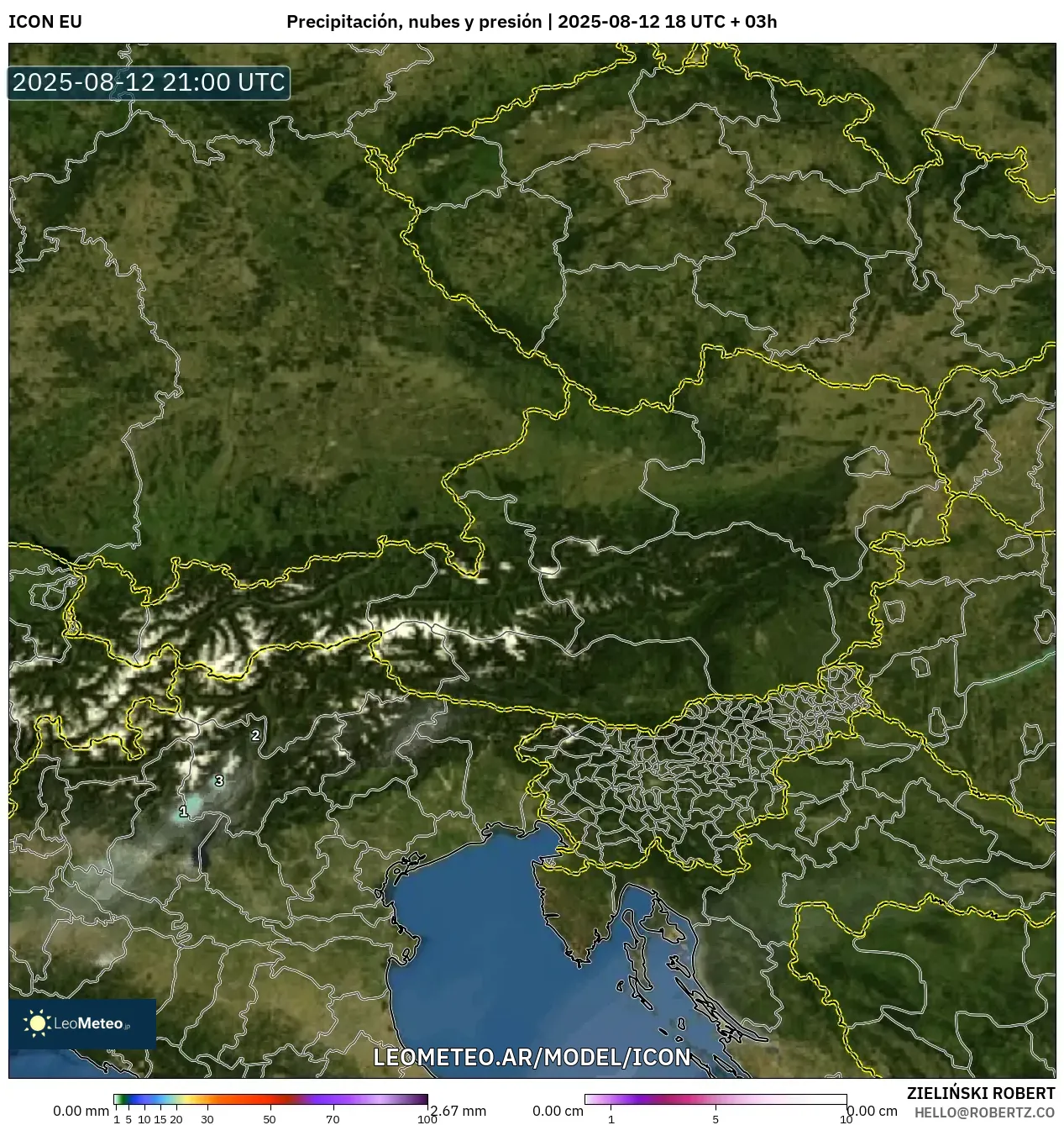 ICON model - Austria, Precipitación, nubes y presión ICON model - Austria, Precipitación, nubes y presión