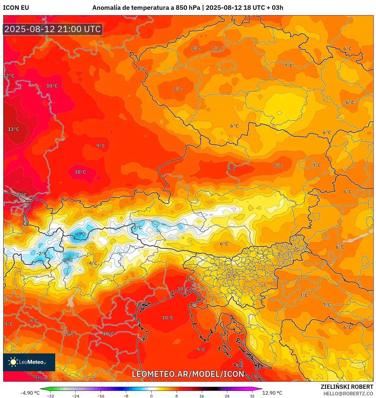 ICON model - Austria, Anomalía de temperatura a 850 hPa ICON model - Austria, Anomalía de temperatura a 850 hPa