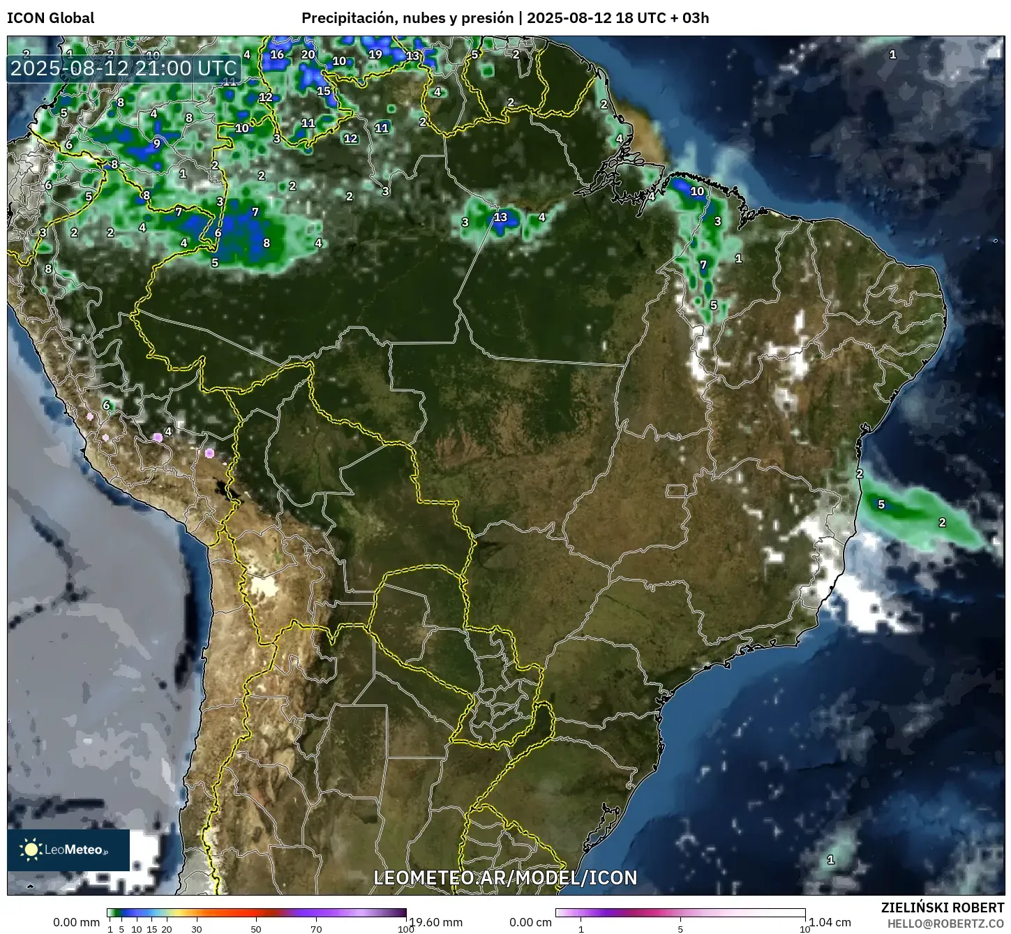 ICON model - Brasil, Precipitación, nubes y presión ICON model - Brasil, Precipitación, nubes y presión