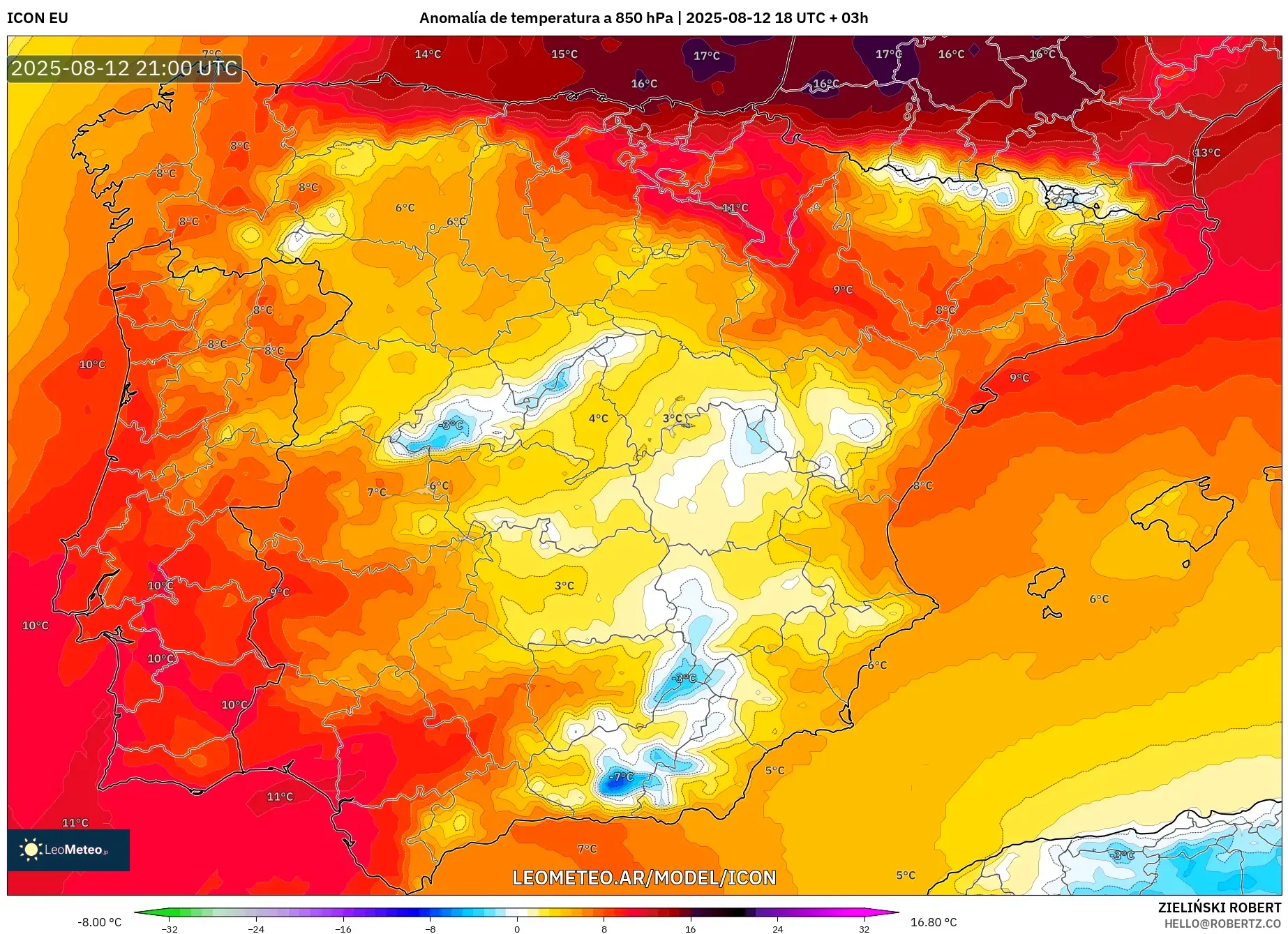 ICON model - España, Anomalía de temperatura a 850 hPa ICON model - España, Anomalía de temperatura a 850 hPa