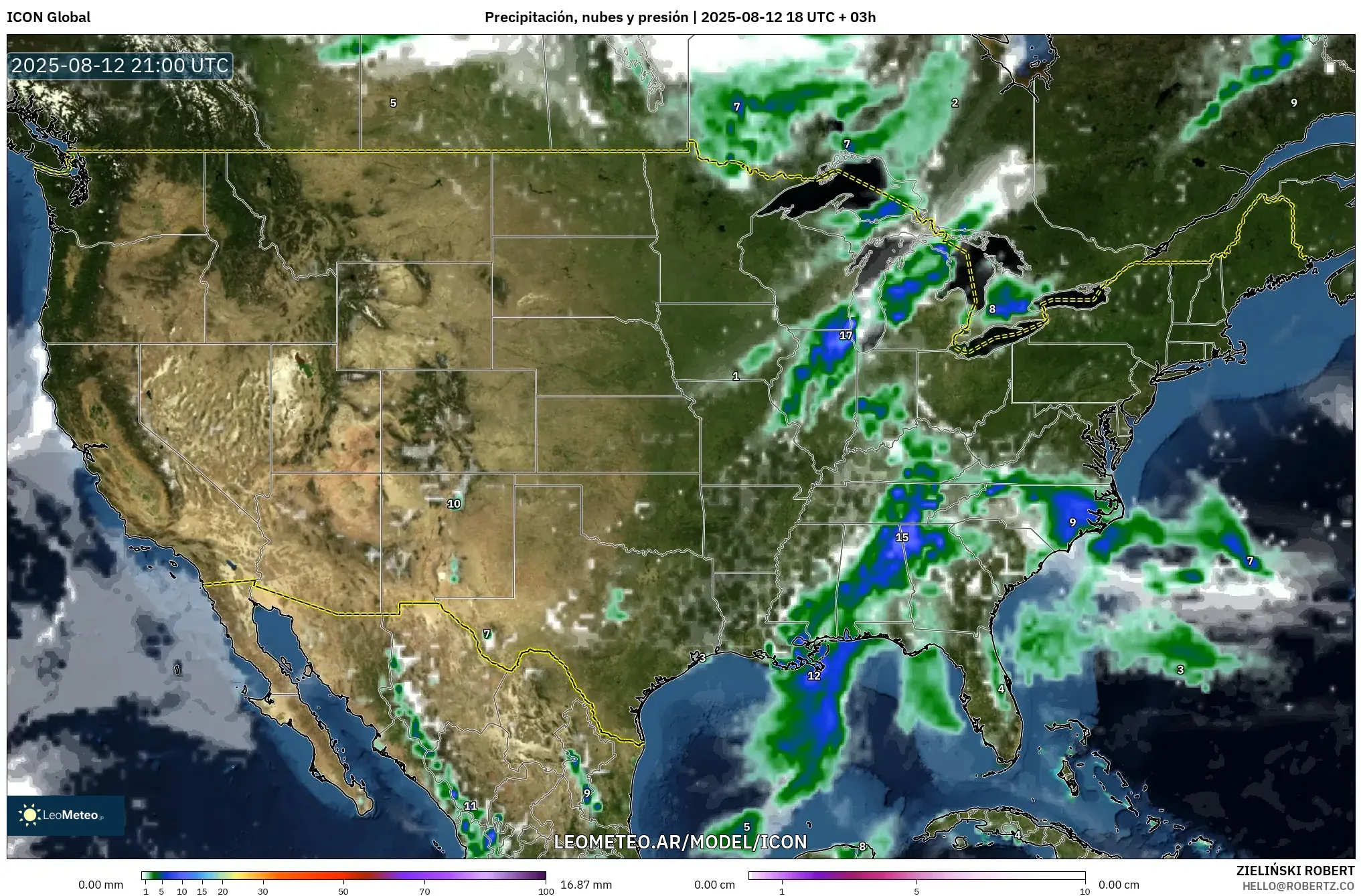 ICON model - Estados Unidos, Precipitación, nubes y presión ICON model - Estados Unidos, Precipitación, nubes y presión