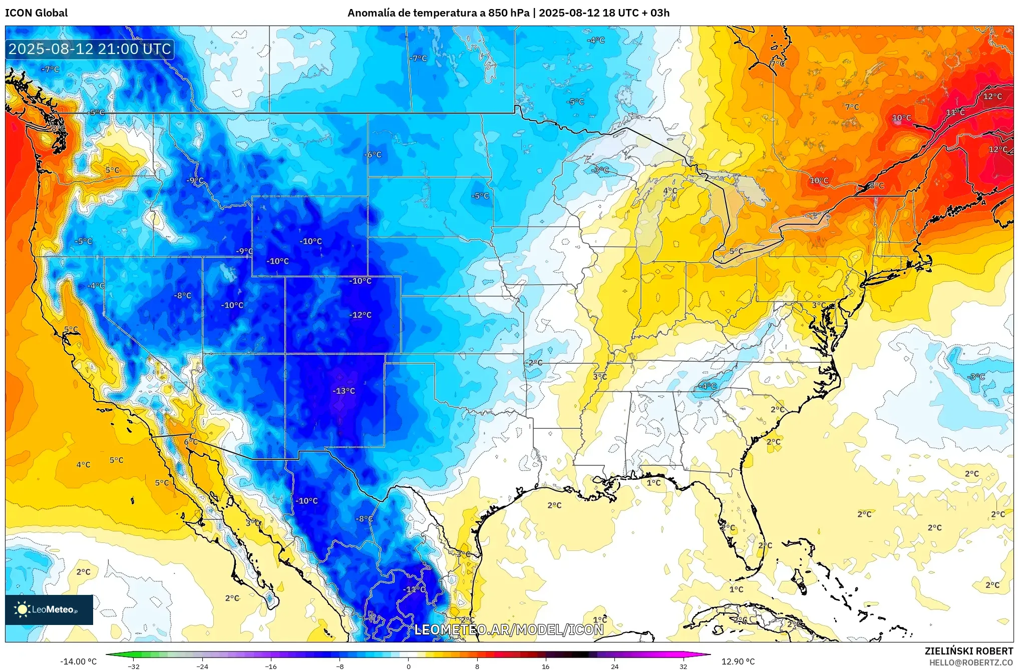 ICON model - Estados Unidos, Anomalía de temperatura a 850 hPa ICON model - Estados Unidos, Anomalía de temperatura a 850 hPa