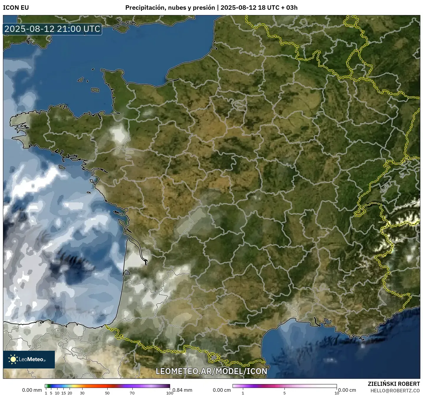 ICON model - Francia, Precipitación, nubes y presión ICON model - Francia, Precipitación, nubes y presión