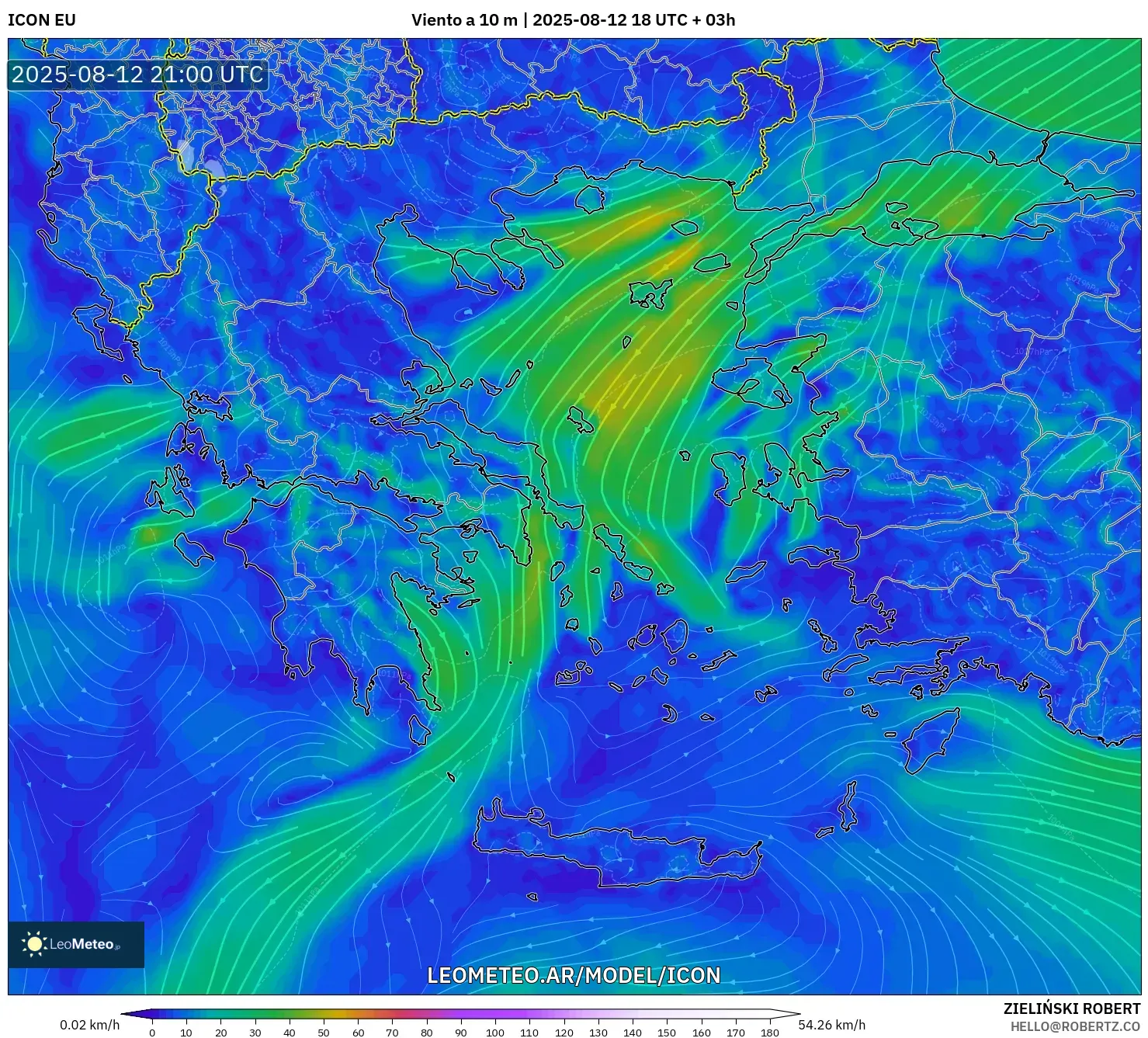 ICON model - Grecia, Viento a 10 m ICON model - Grecia, Viento a 10 m