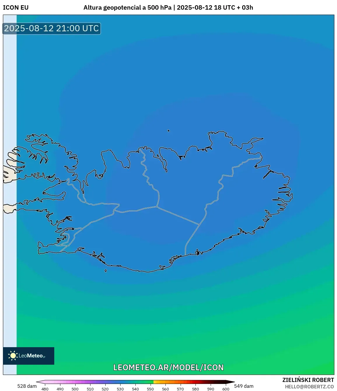 ICON model - Islandia, Altura geopotencial a 500 hPa