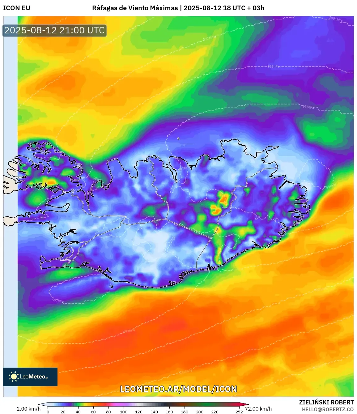 ICON model - Islandia, Ráfagas de Viento Máximas ICON model - Islandia, Ráfagas de Viento Máximas