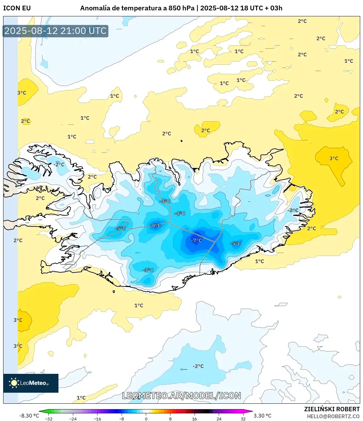ICON model - Islandia, Anomalía de temperatura a 850 hPa