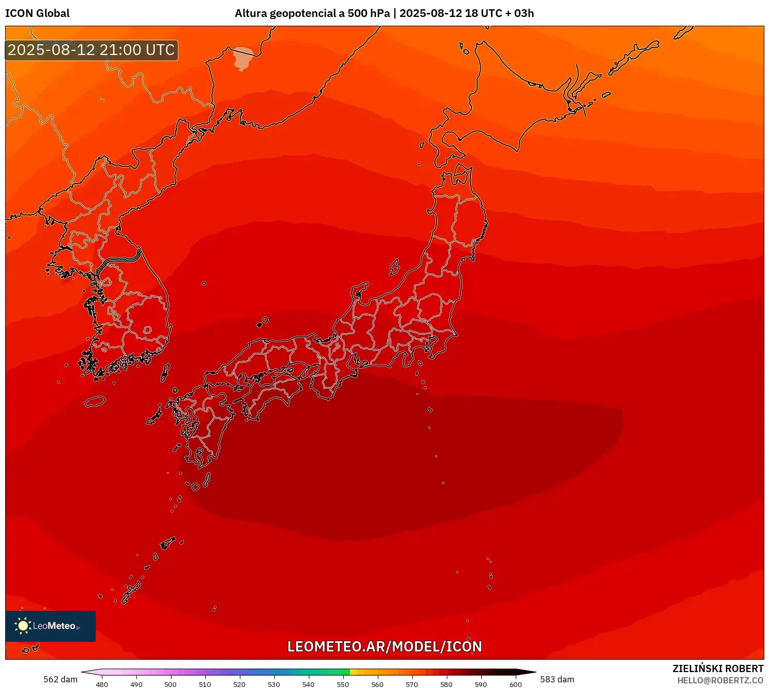 ICON model - Japón, Altura geopotencial a 500 hPa