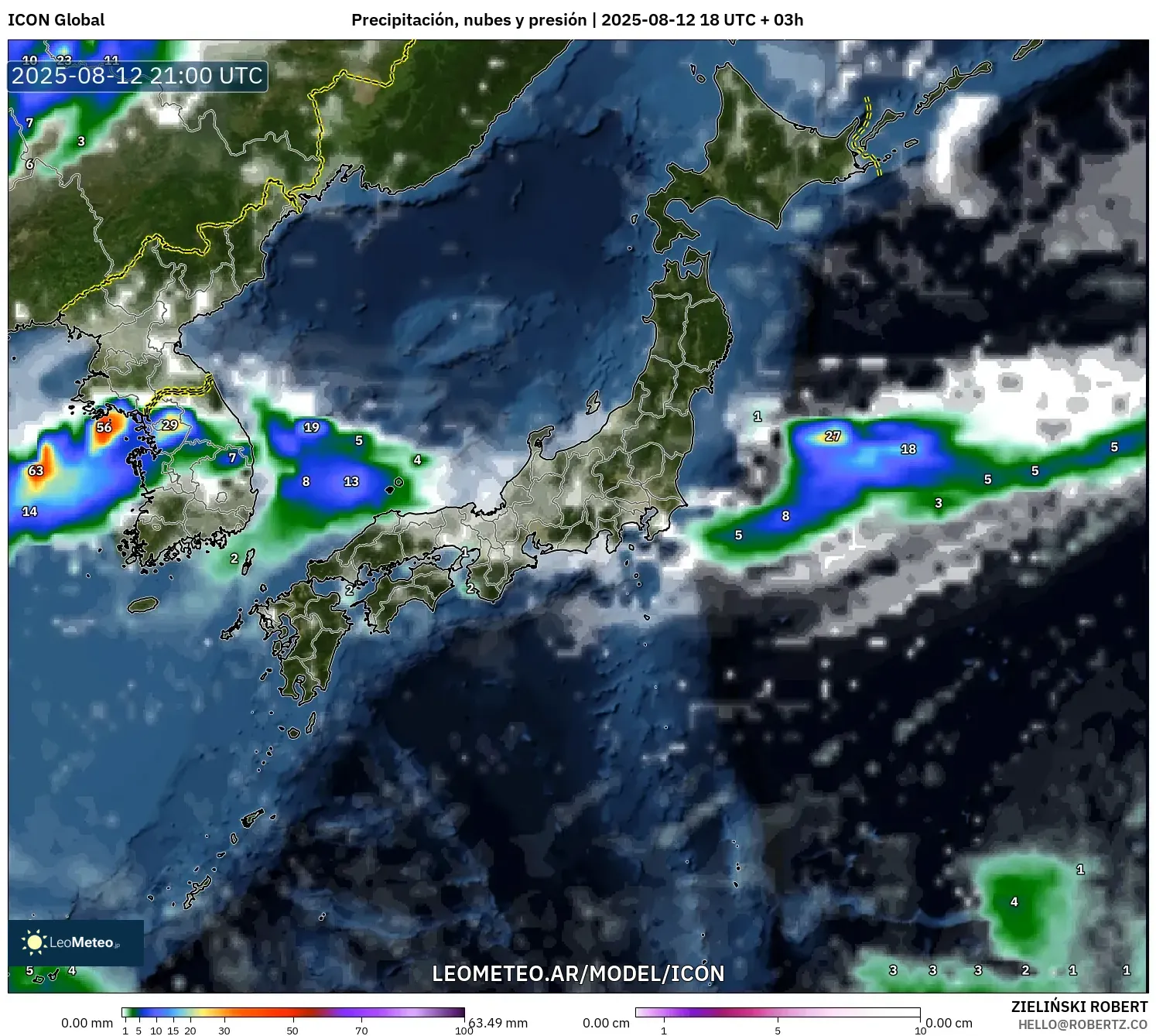 ICON model - Japón, Precipitación, nubes y presión