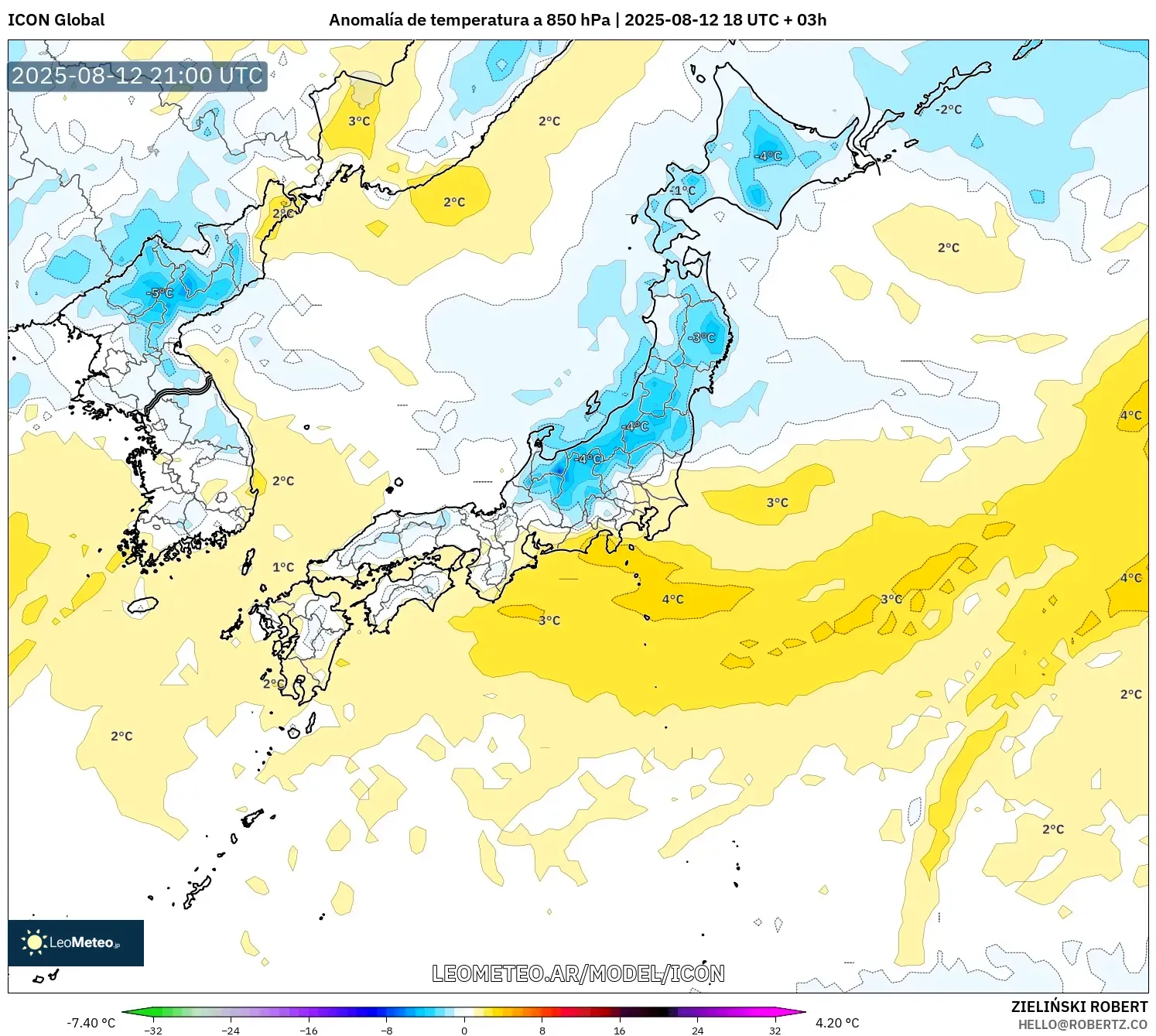ICON model - Japón, Anomalía de temperatura a 850 hPa ICON model - Japón, Anomalía de temperatura a 850 hPa