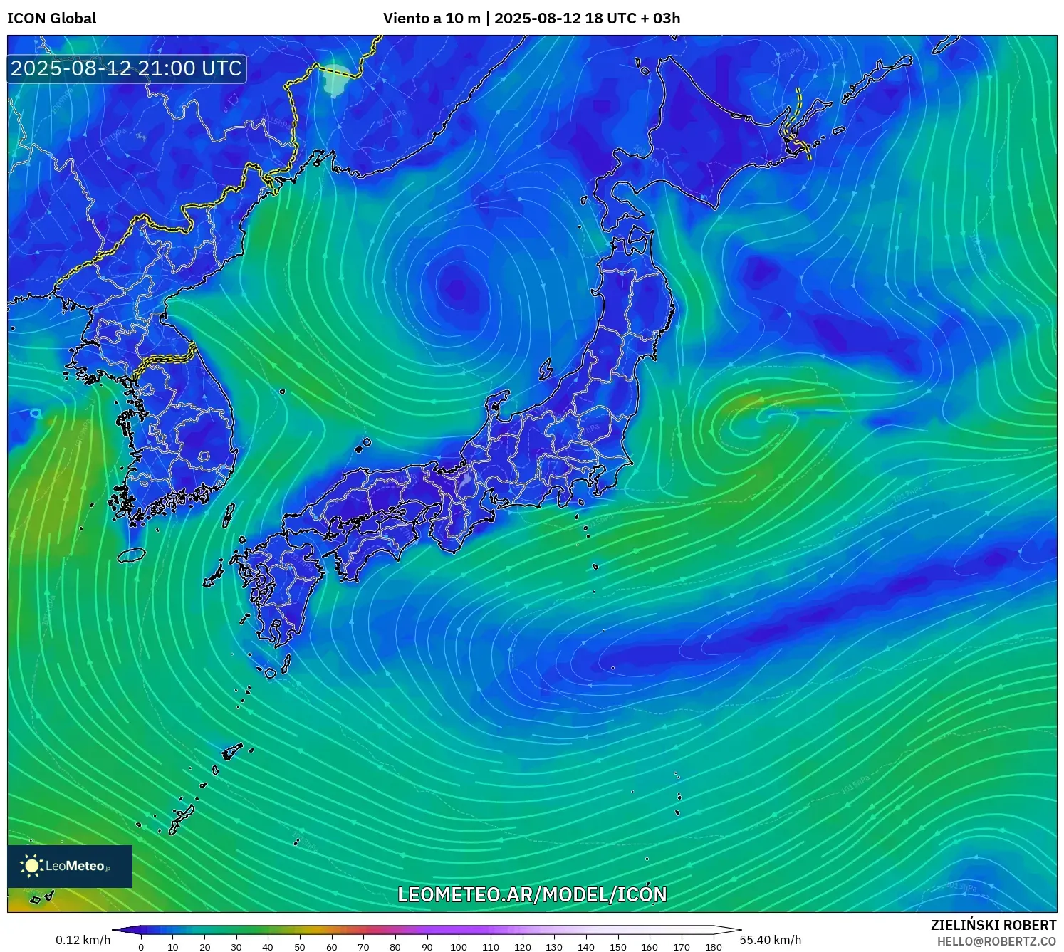 ICON model - Japón, Viento a 10 m ICON model - Japón, Viento a 10 m