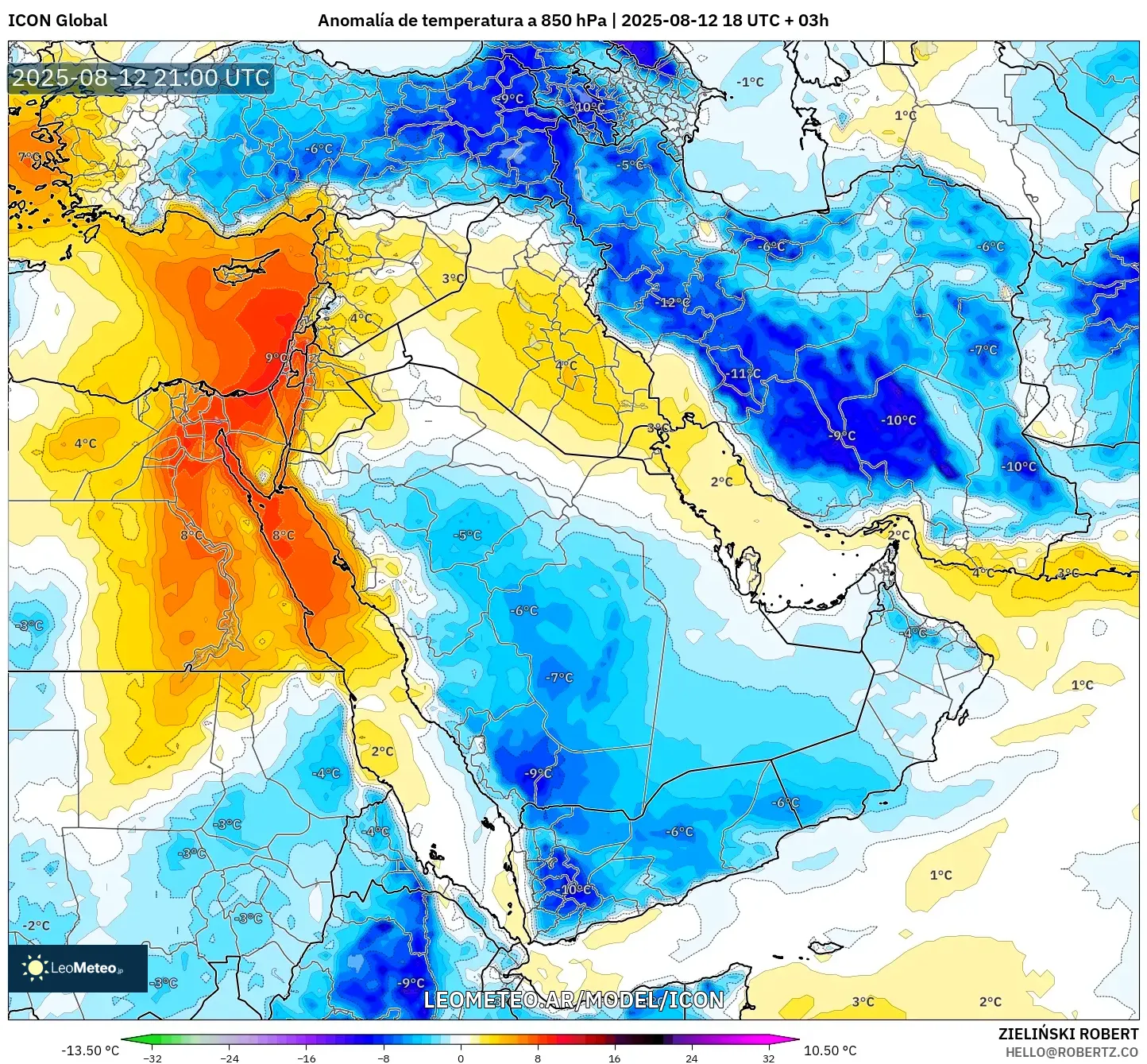 ICON model - Oriente Medio, Anomalía de temperatura a 850 hPa ICON model - Oriente Medio, Anomalía de temperatura a 850 hPa