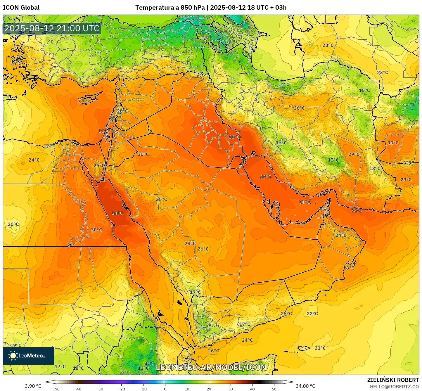 ICON model - Oriente Medio, Temperatura a 850 hPa ICON model - Oriente Medio, Temperatura a 850 hPa