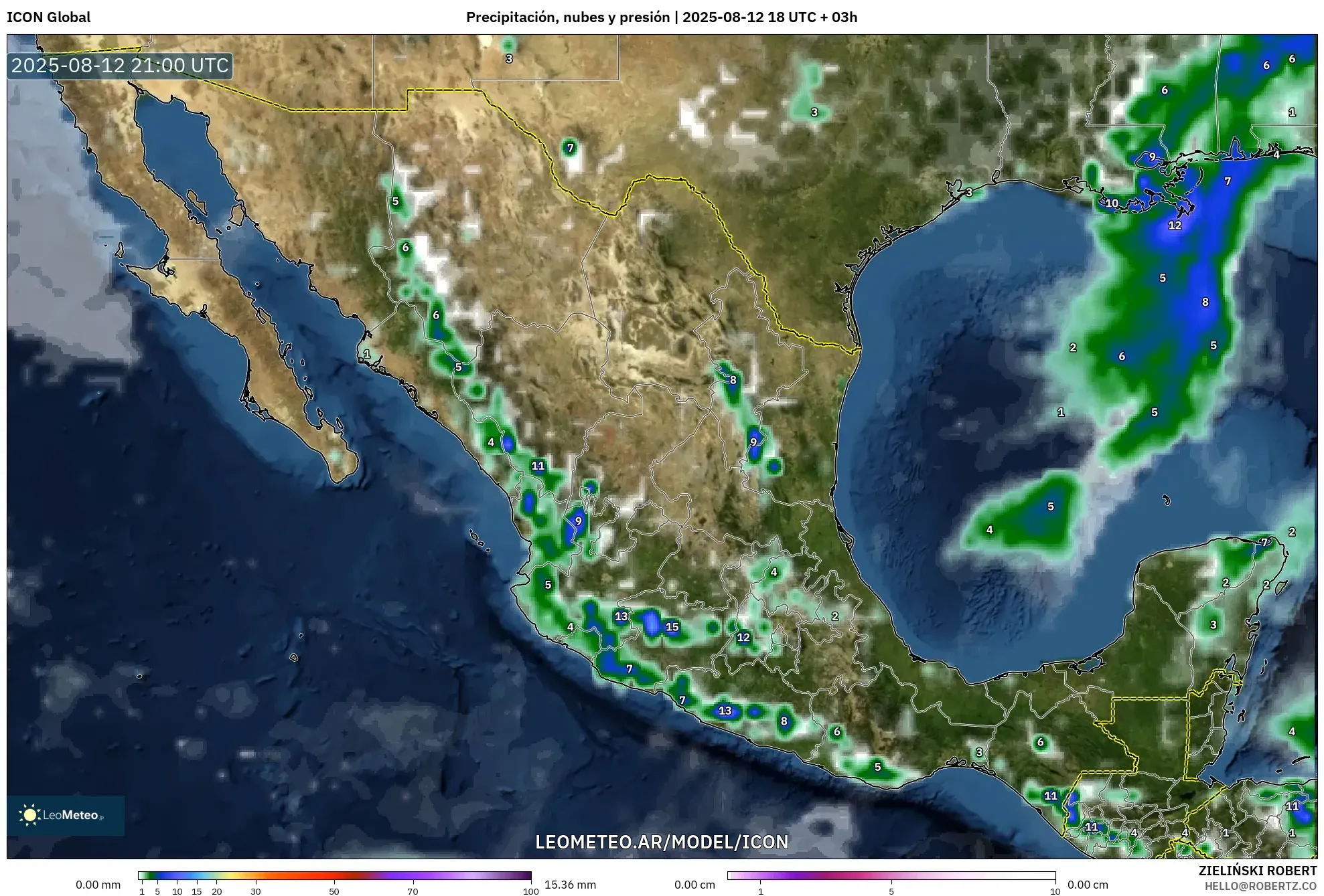ICON model - México, Precipitación, nubes y presión ICON model - México, Precipitación, nubes y presión