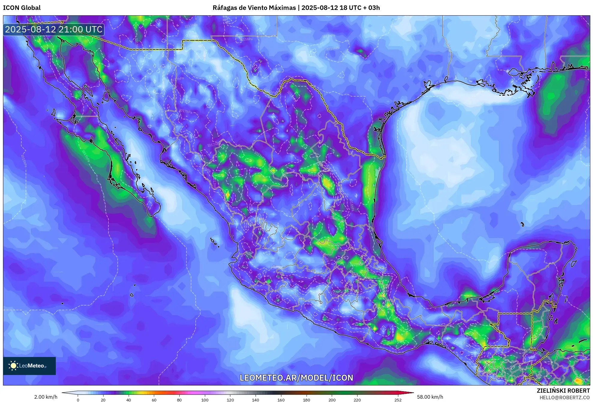 ICON model - México, Ráfagas de Viento Máximas ICON model - México, Ráfagas de Viento Máximas