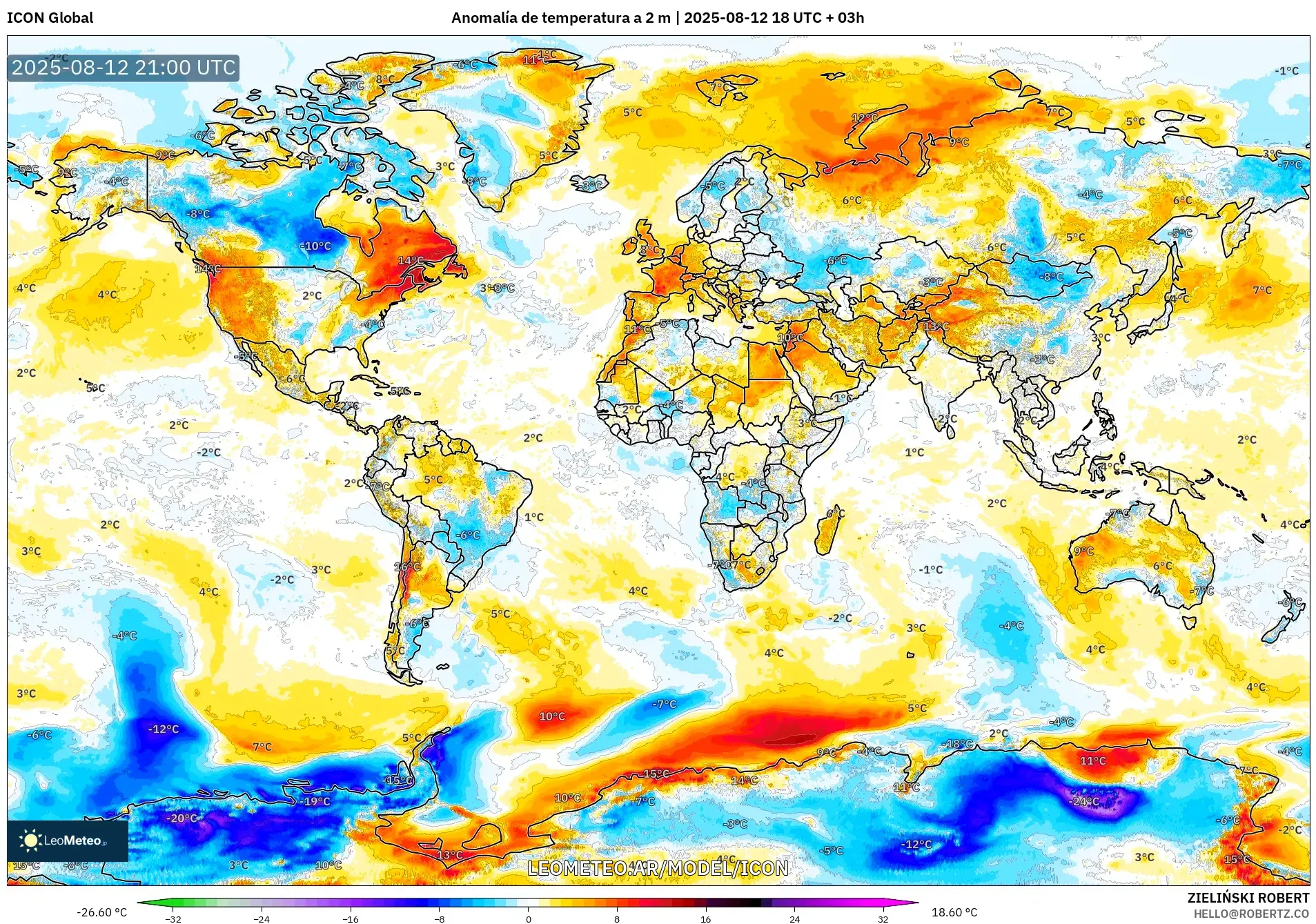 ICON model - Mundo, Anomalía de temperatura a 2 m ICON model - Mundo, Anomalía de temperatura a 2 m