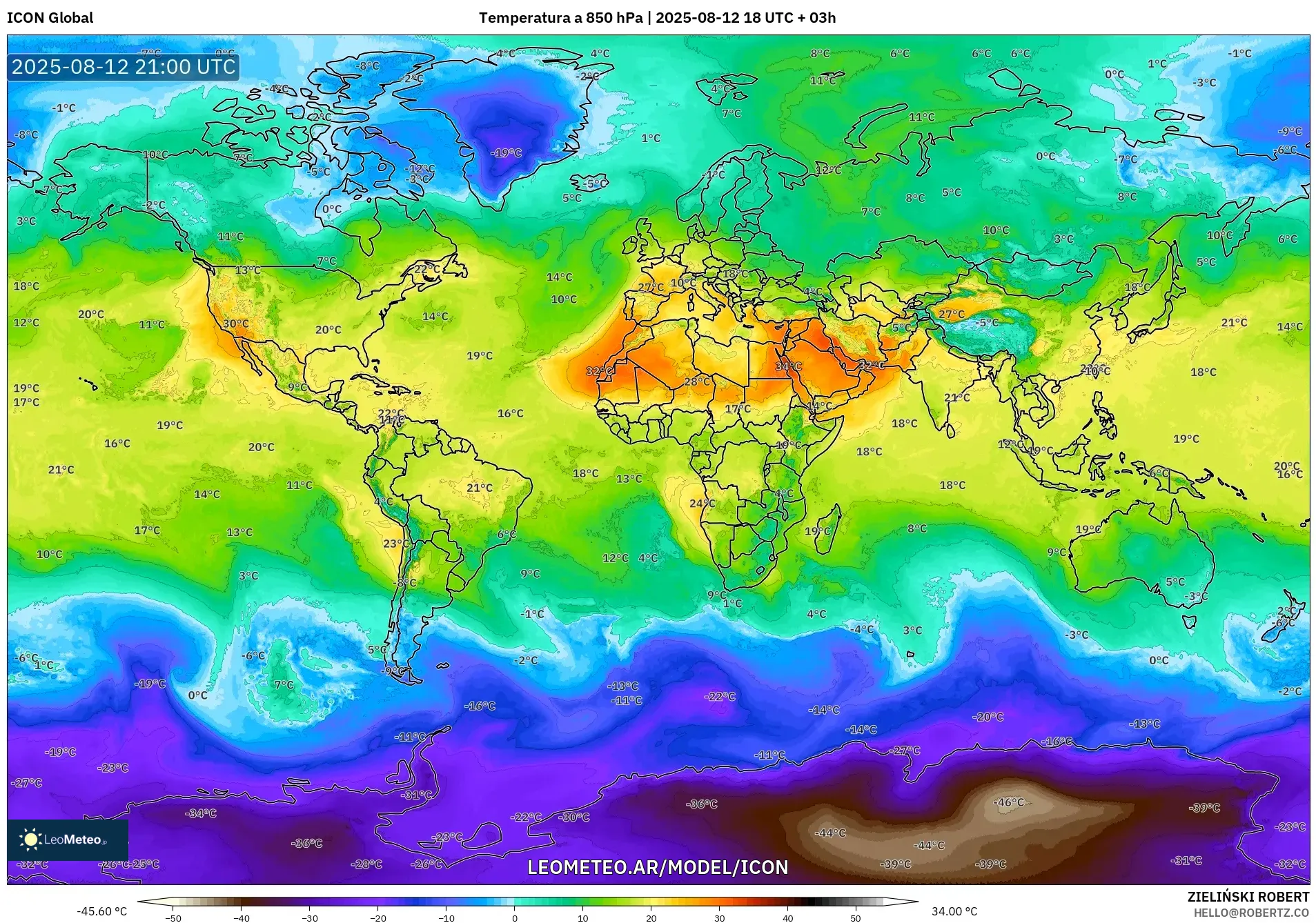 ICON model - Mundo, Temperatura a 850 hPa ICON model - Mundo, Temperatura a 850 hPa