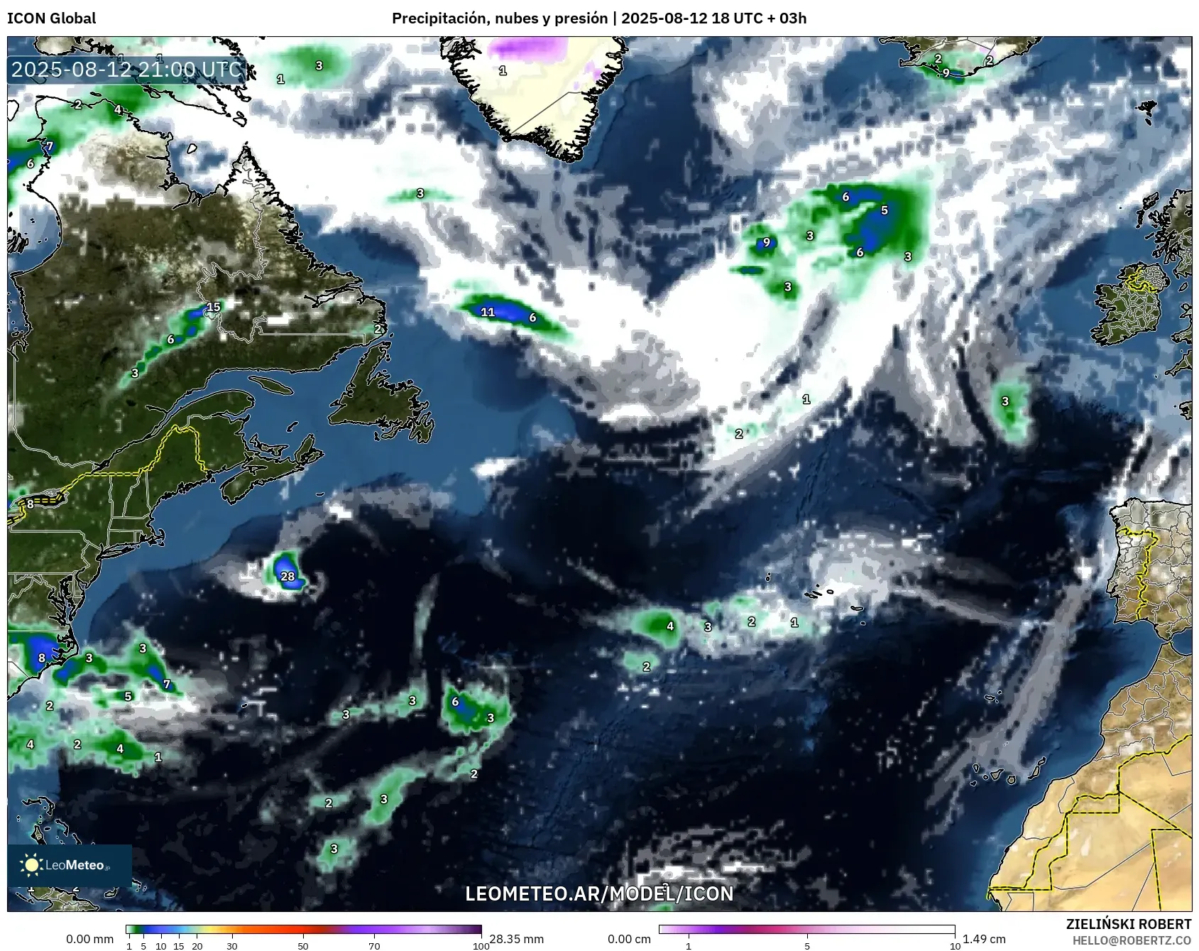 ICON model - Norte Atlántico, Precipitación, nubes y presión ICON model - Norte Atlántico, Precipitación, nubes y presión