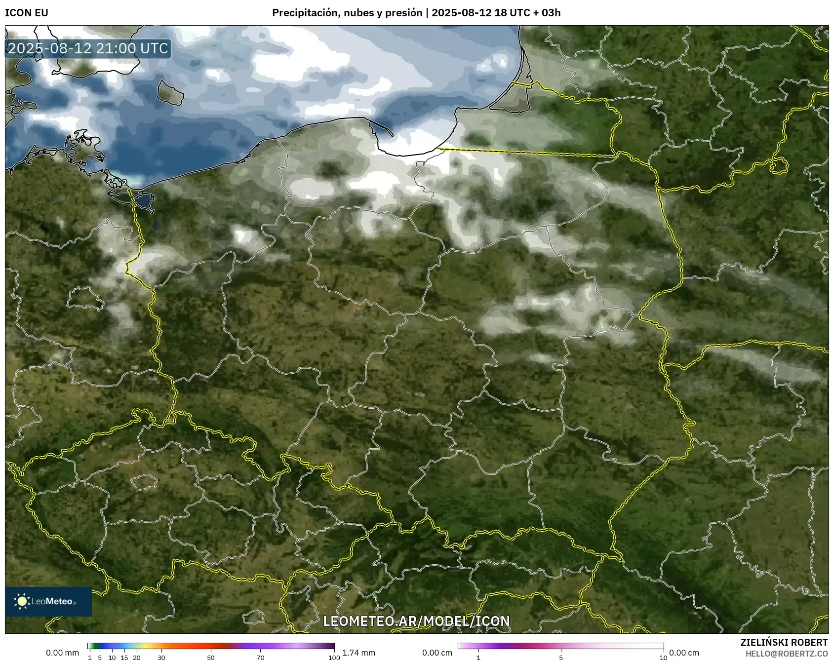 ICON model - Polonia, Precipitación, nubes y presión