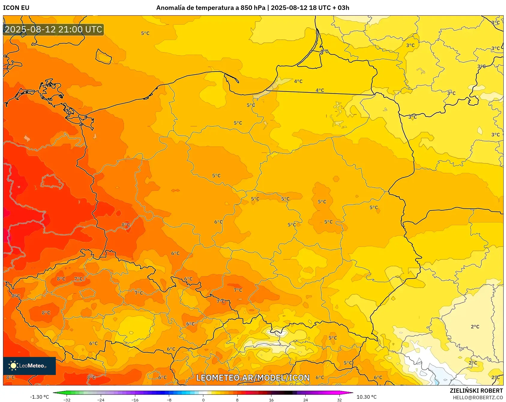 ICON model - Polonia, Anomalía de temperatura a 850 hPa ICON model - Polonia, Anomalía de temperatura a 850 hPa
