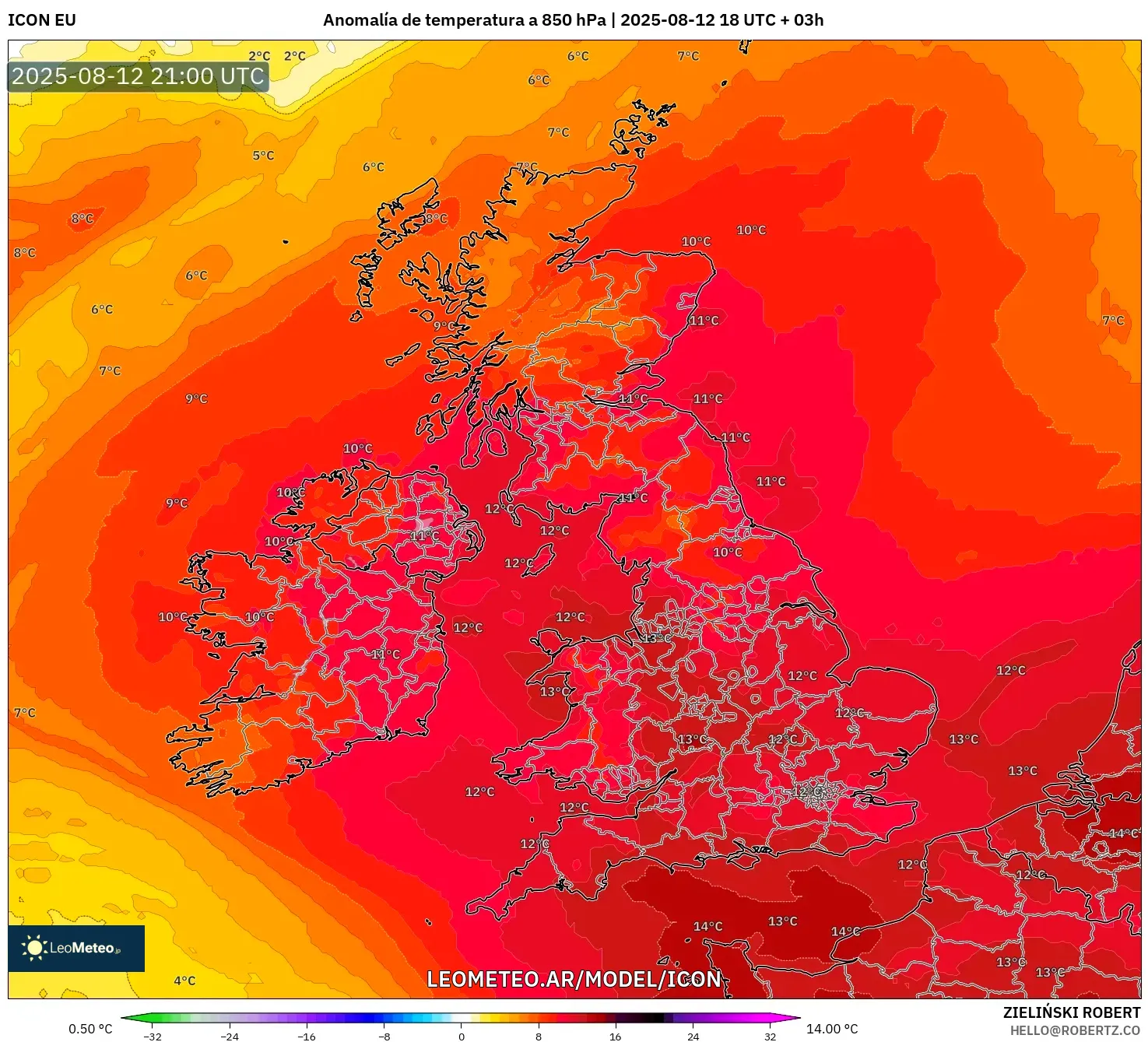 ICON model - Reino Unido, Anomalía de temperatura a 850 hPa ICON model - Reino Unido, Anomalía de temperatura a 850 hPa