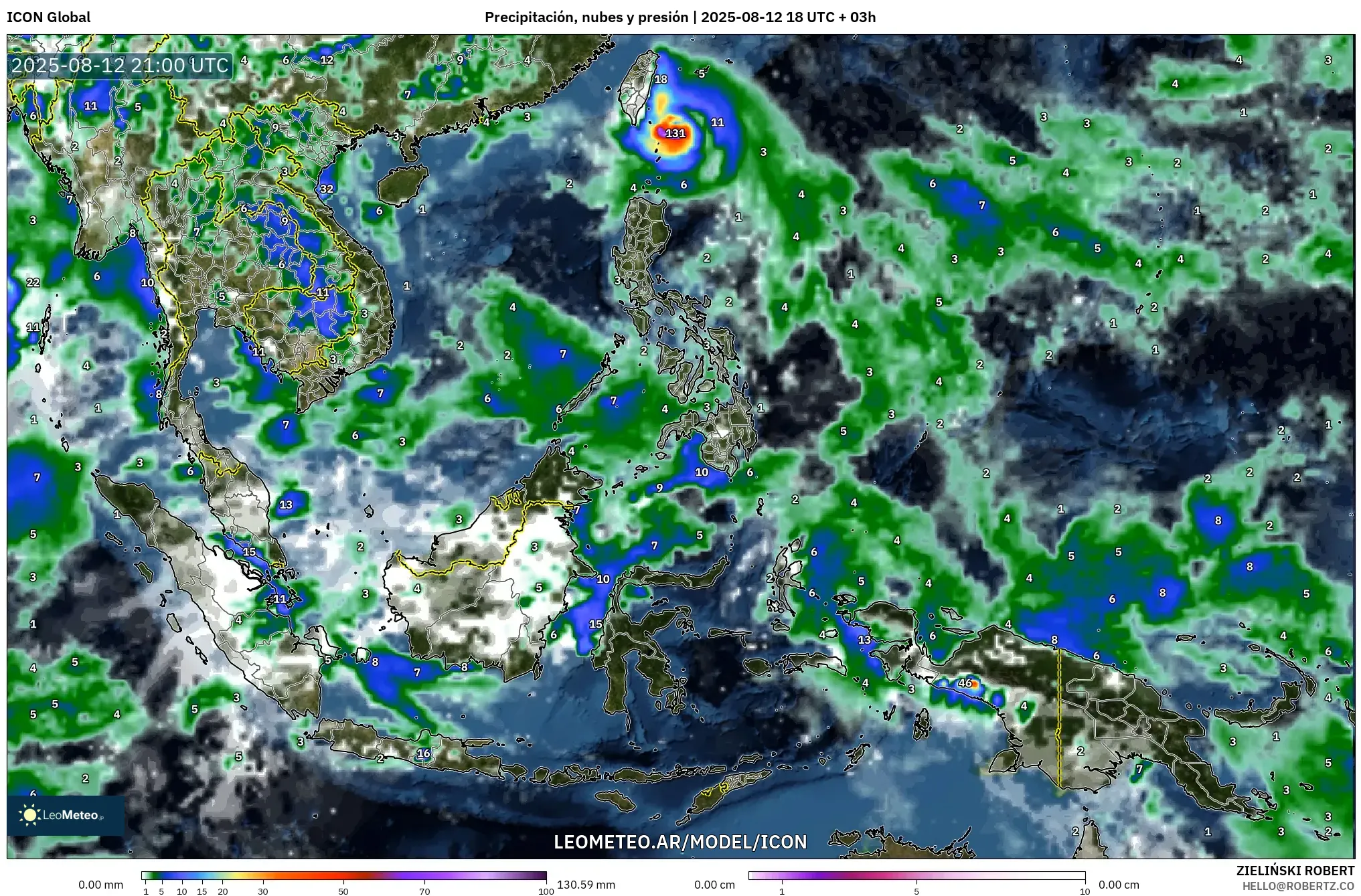 ICON model - Sudeste Asiático, Precipitación, nubes y presión ICON model - Sudeste Asiático, Precipitación, nubes y presión