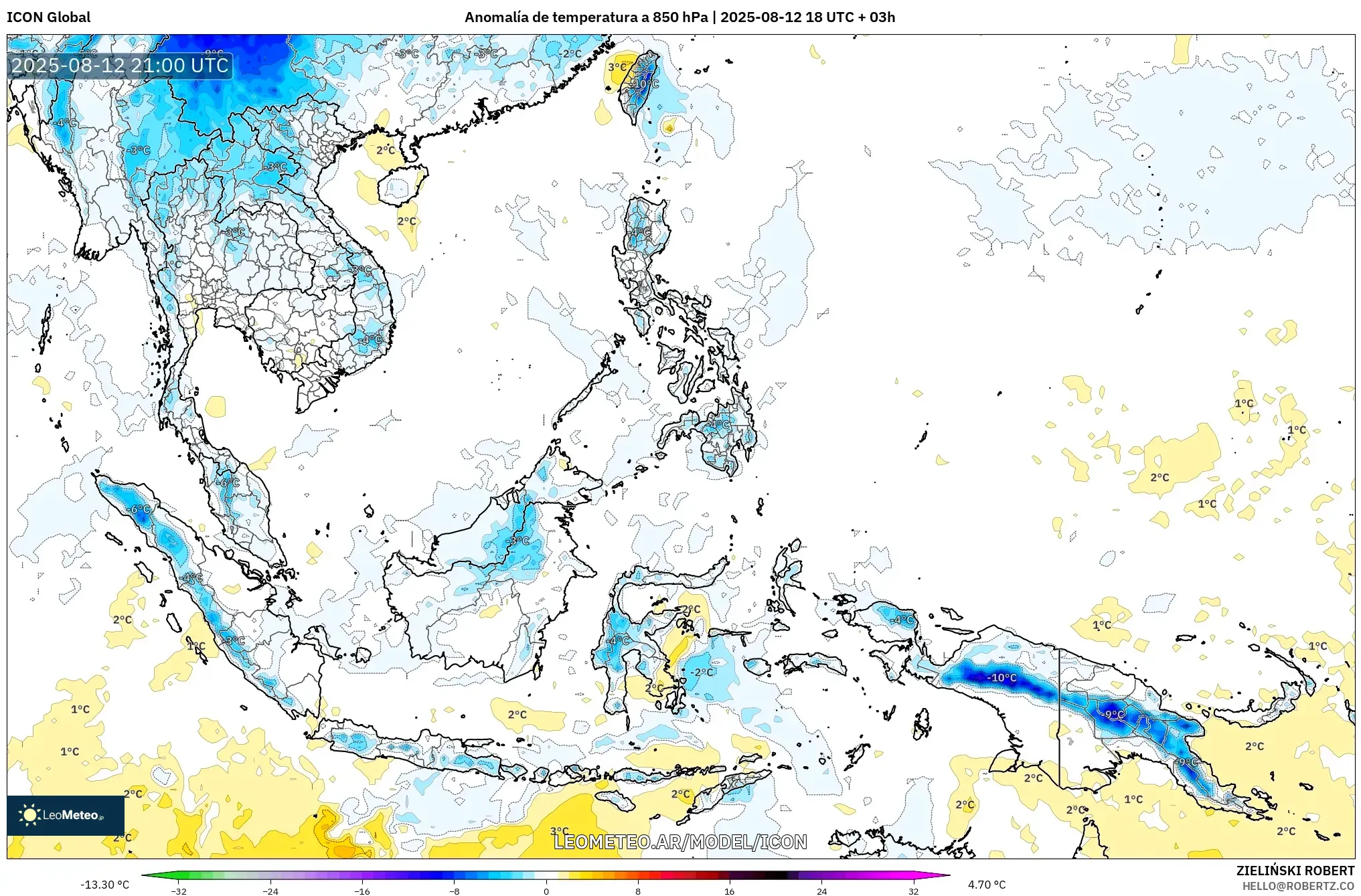 ICON model - Sudeste Asiático, Anomalía de temperatura a 850 hPa ICON model - Sudeste Asiático, Anomalía de temperatura a 850 hPa