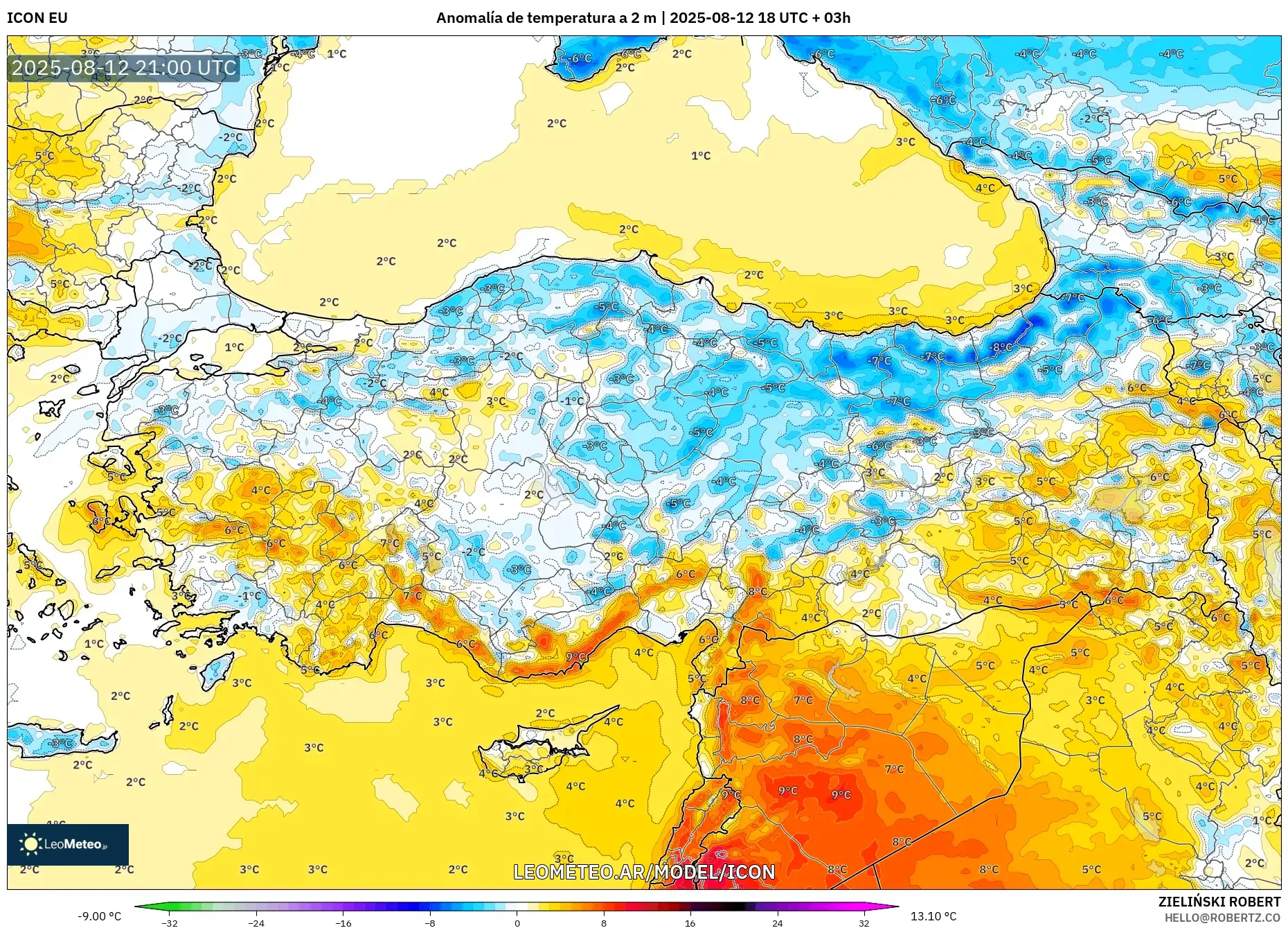 ICON model - Turquía, Anomalía de temperatura a 2 m ICON model - Turquía, Anomalía de temperatura a 2 m