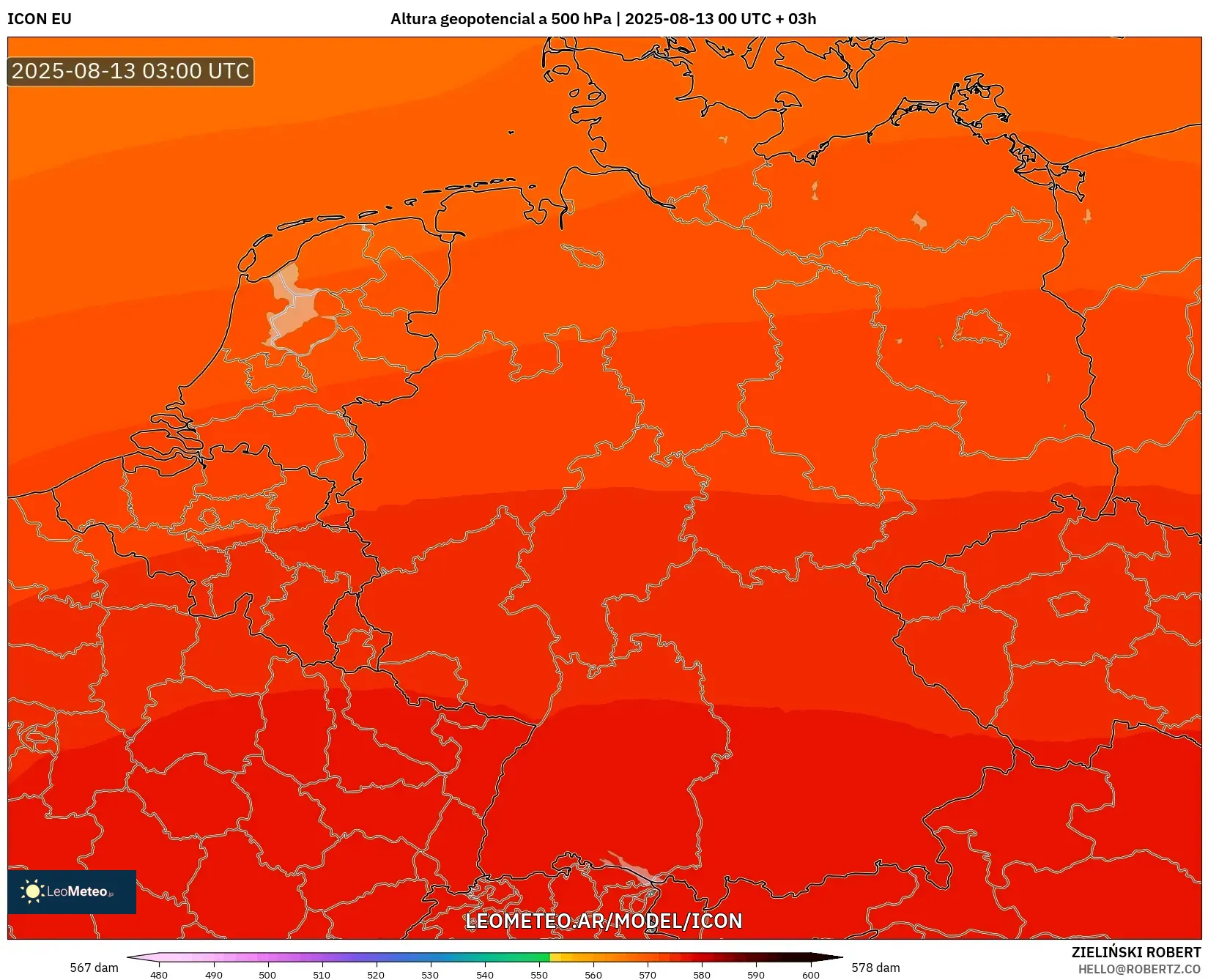 ICON model - Alemania, Altura geopotencial a 500 hPa