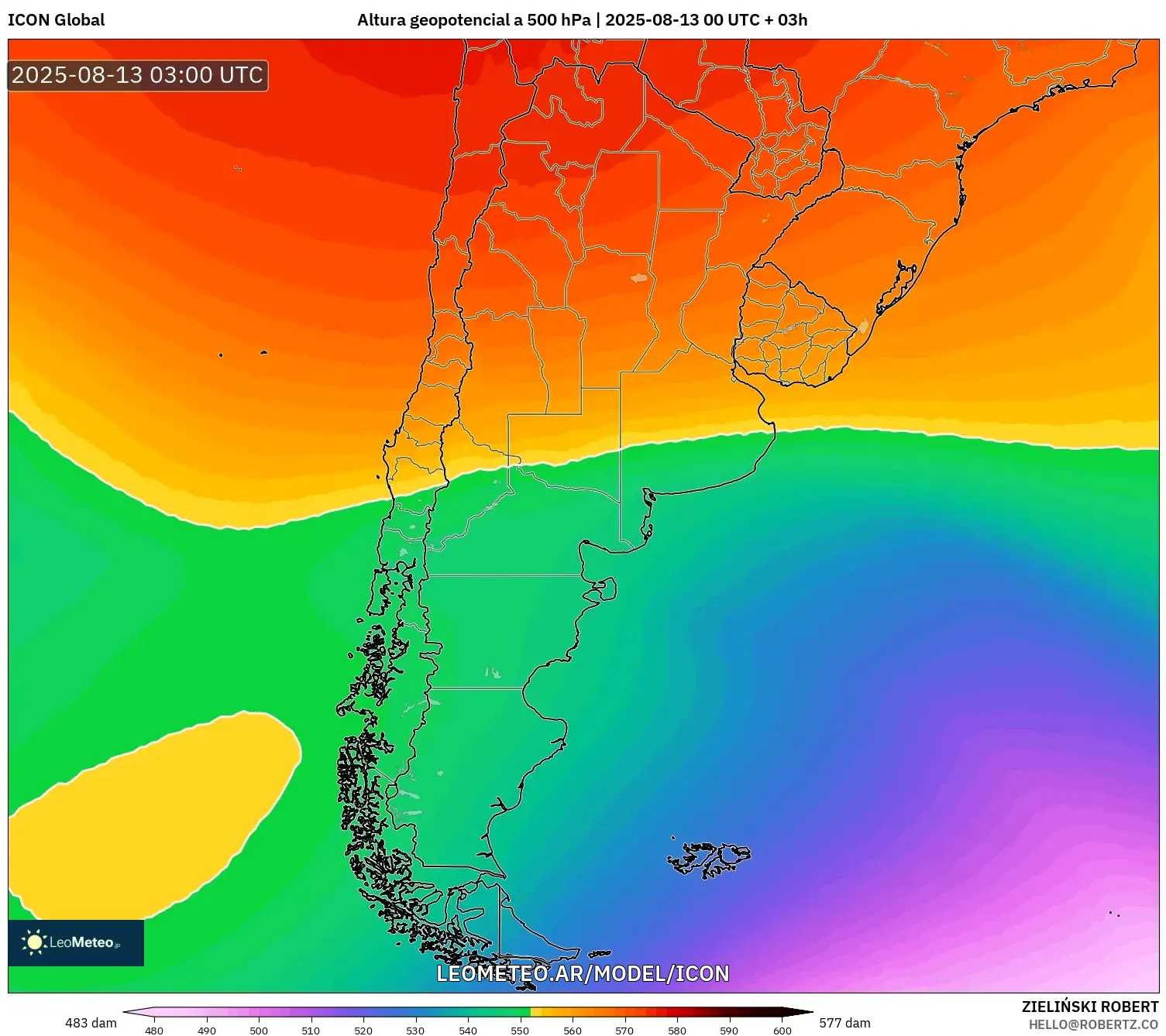 ICON model - Argentina, Altura geopotencial a 500 hPa