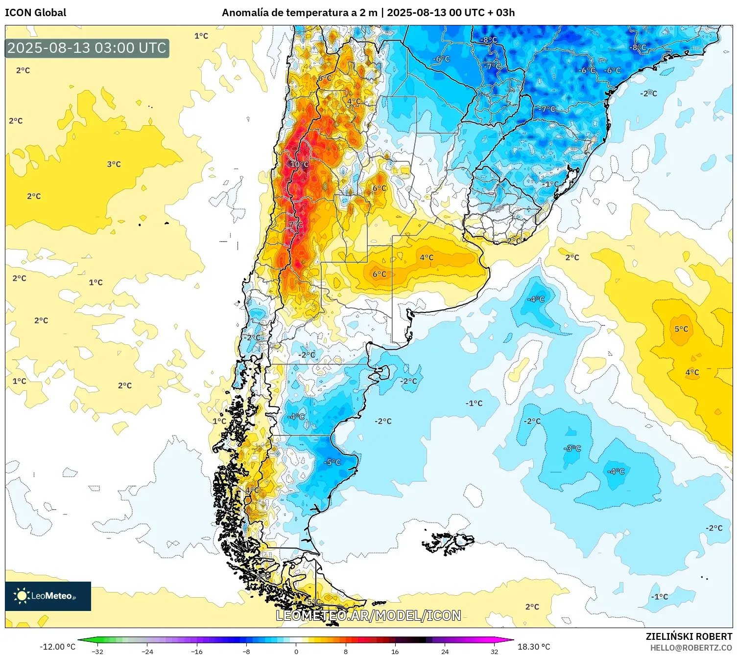 ICON model - Argentina, Anomalía de temperatura a 2 m