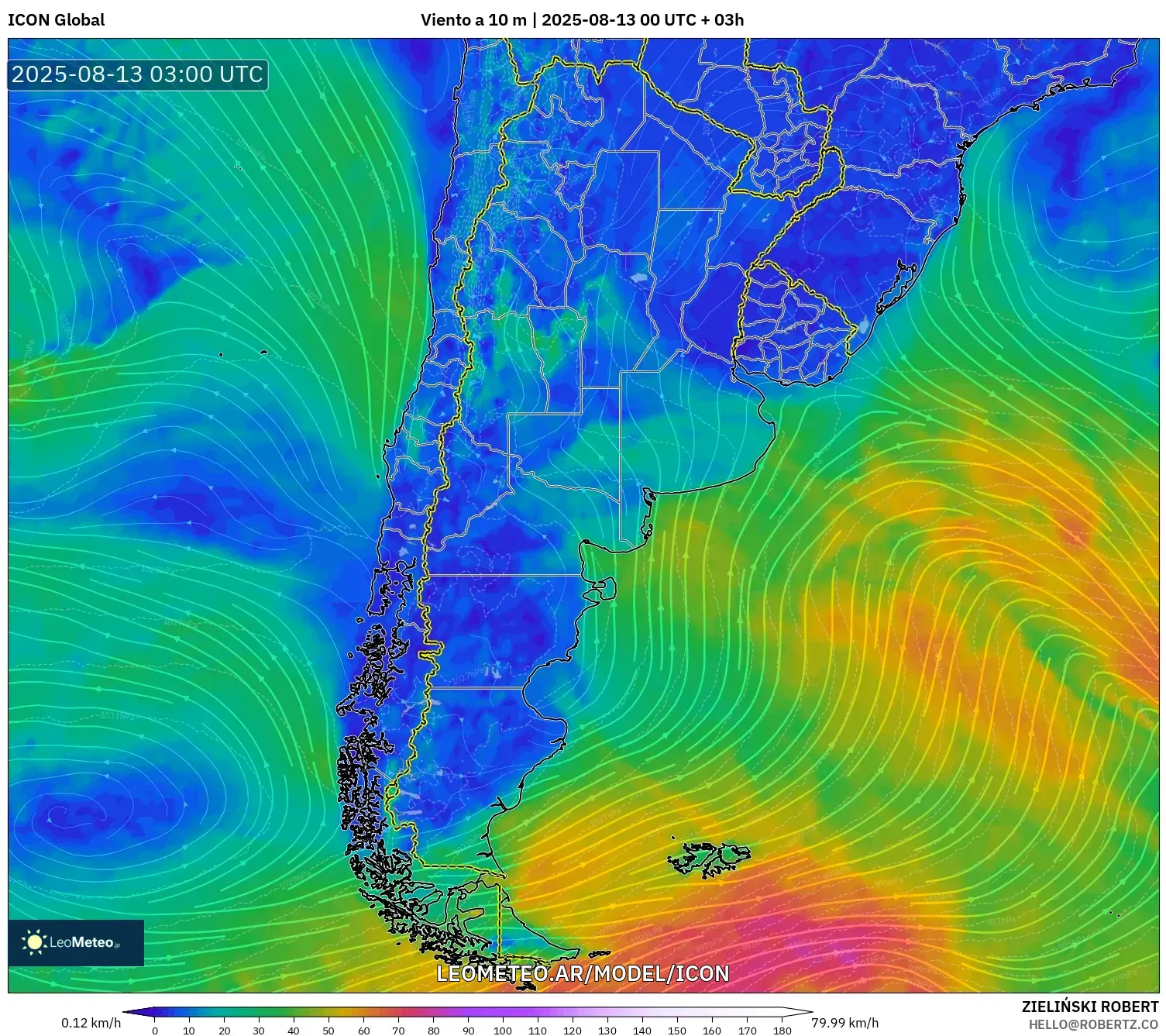 ICON model - Argentina, Viento a 10 m ICON model - Argentina, Viento a 10 m