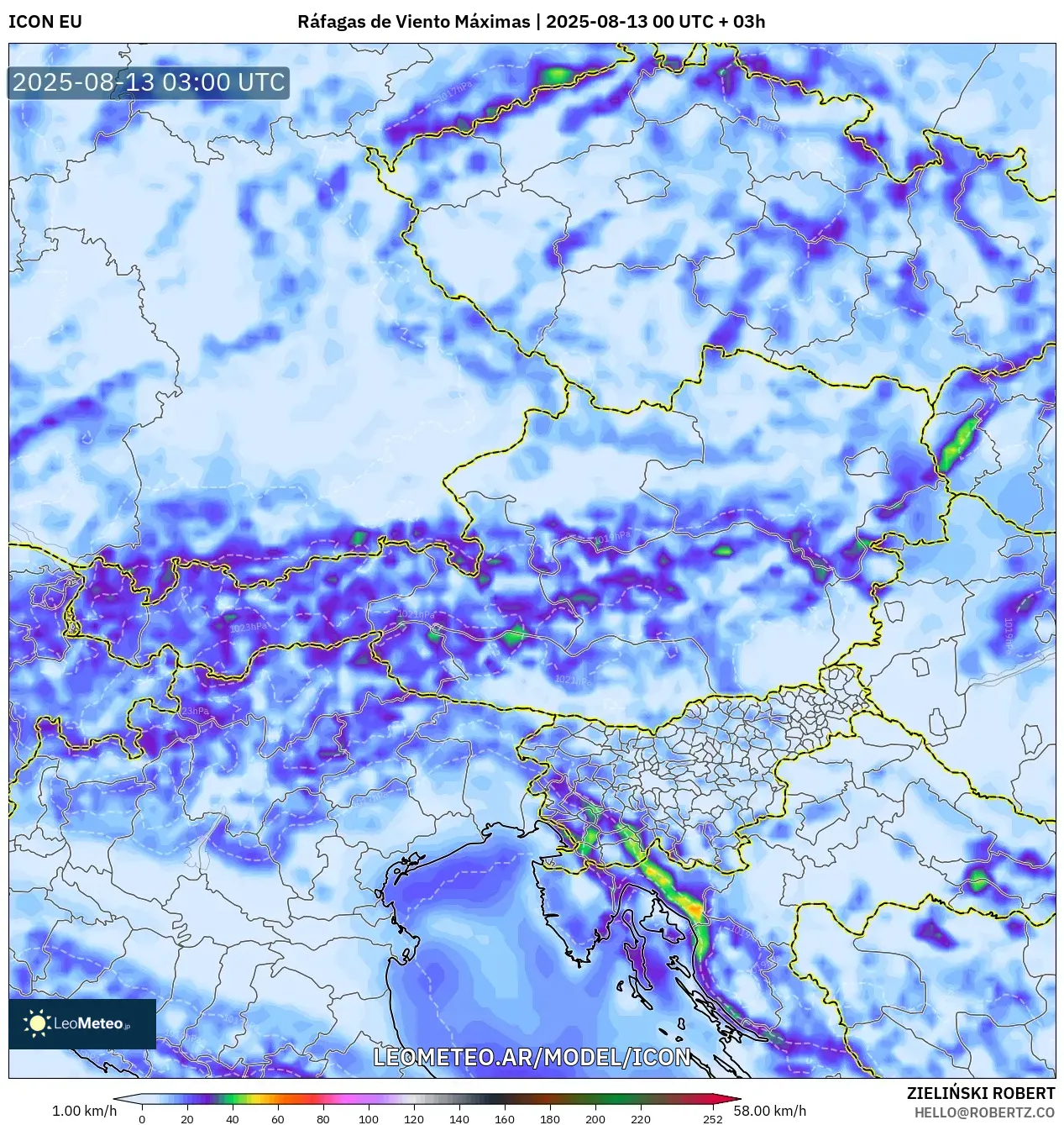 ICON model - Austria, Ráfagas de Viento Máximas ICON model - Austria, Ráfagas de Viento Máximas