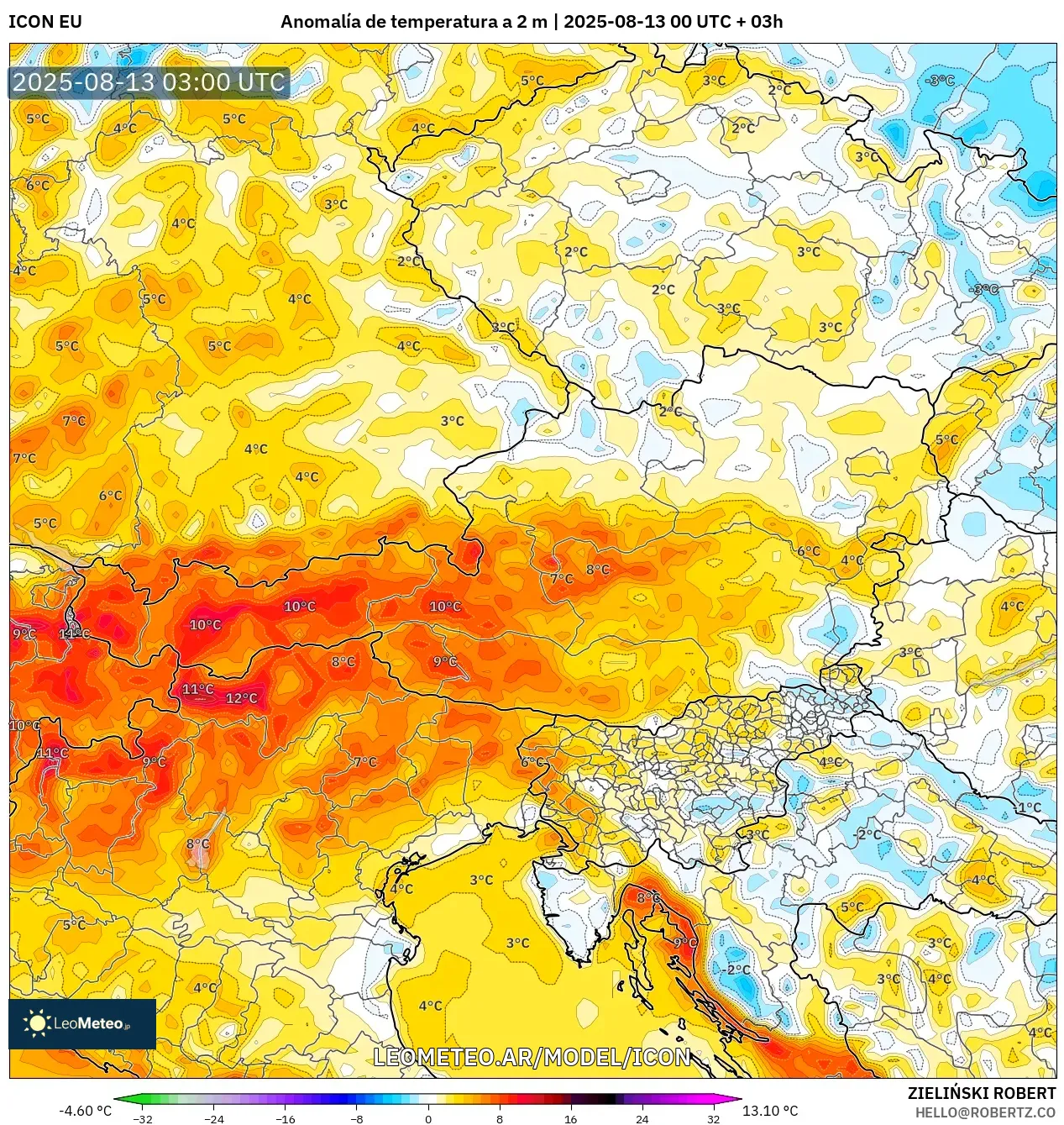 ICON model - Austria, Anomalía de temperatura a 2 m ICON model - Austria, Anomalía de temperatura a 2 m