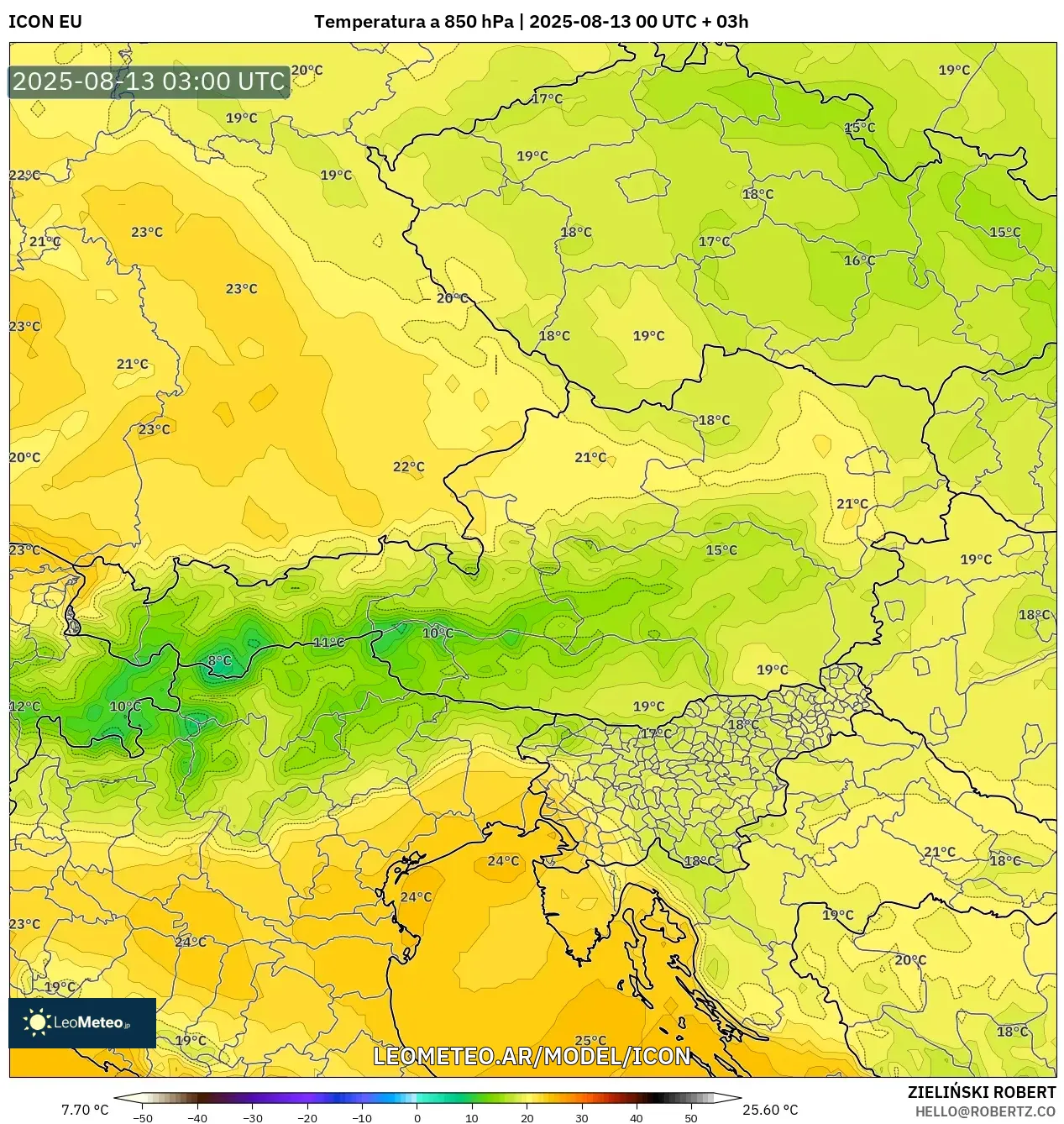 ICON model - Austria, Temperatura a 850 hPa ICON model - Austria, Temperatura a 850 hPa