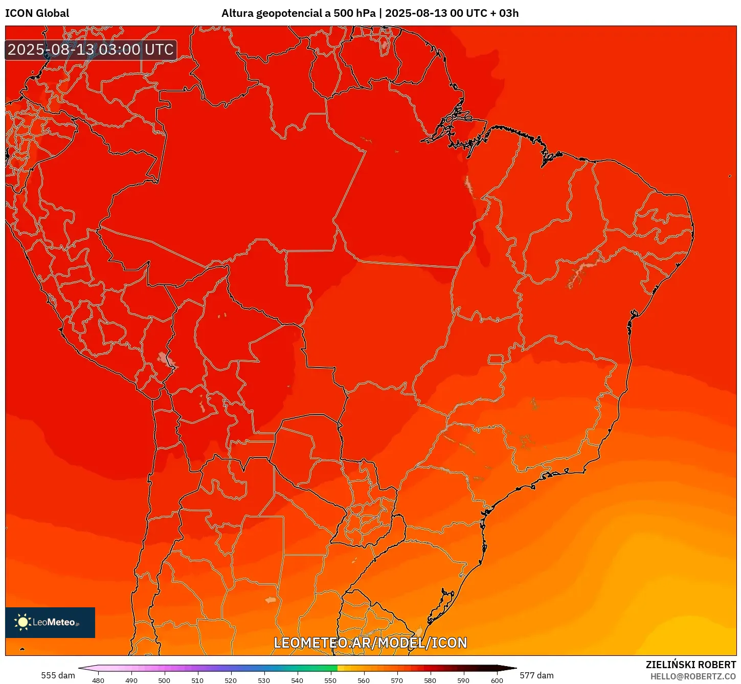 ICON model - Brasil, Altura geopotencial a 500 hPa ICON model - Brasil, Altura geopotencial a 500 hPa