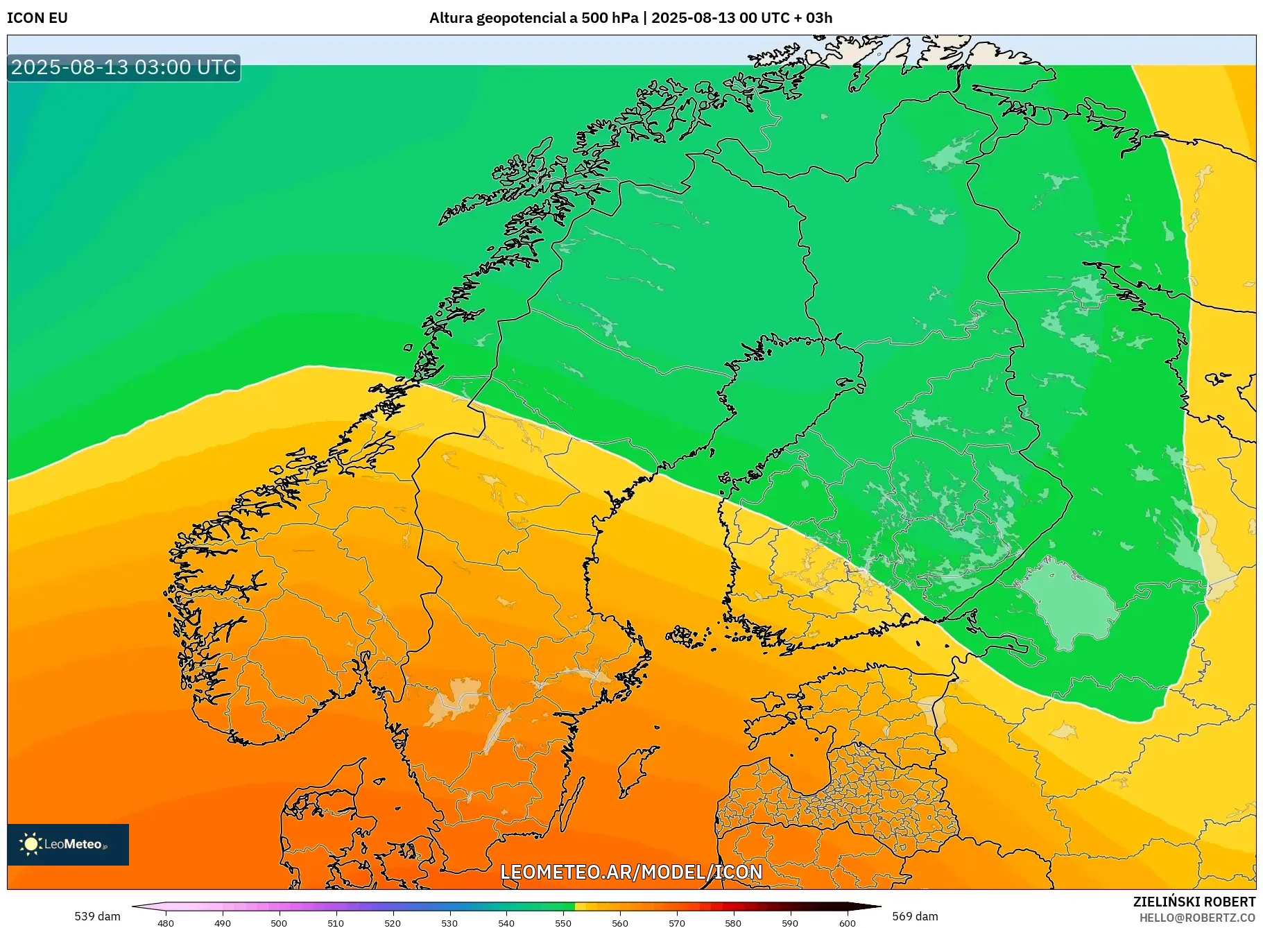 ICON model - Escandinavia, Altura geopotencial a 500 hPa ICON model - Escandinavia, Altura geopotencial a 500 hPa