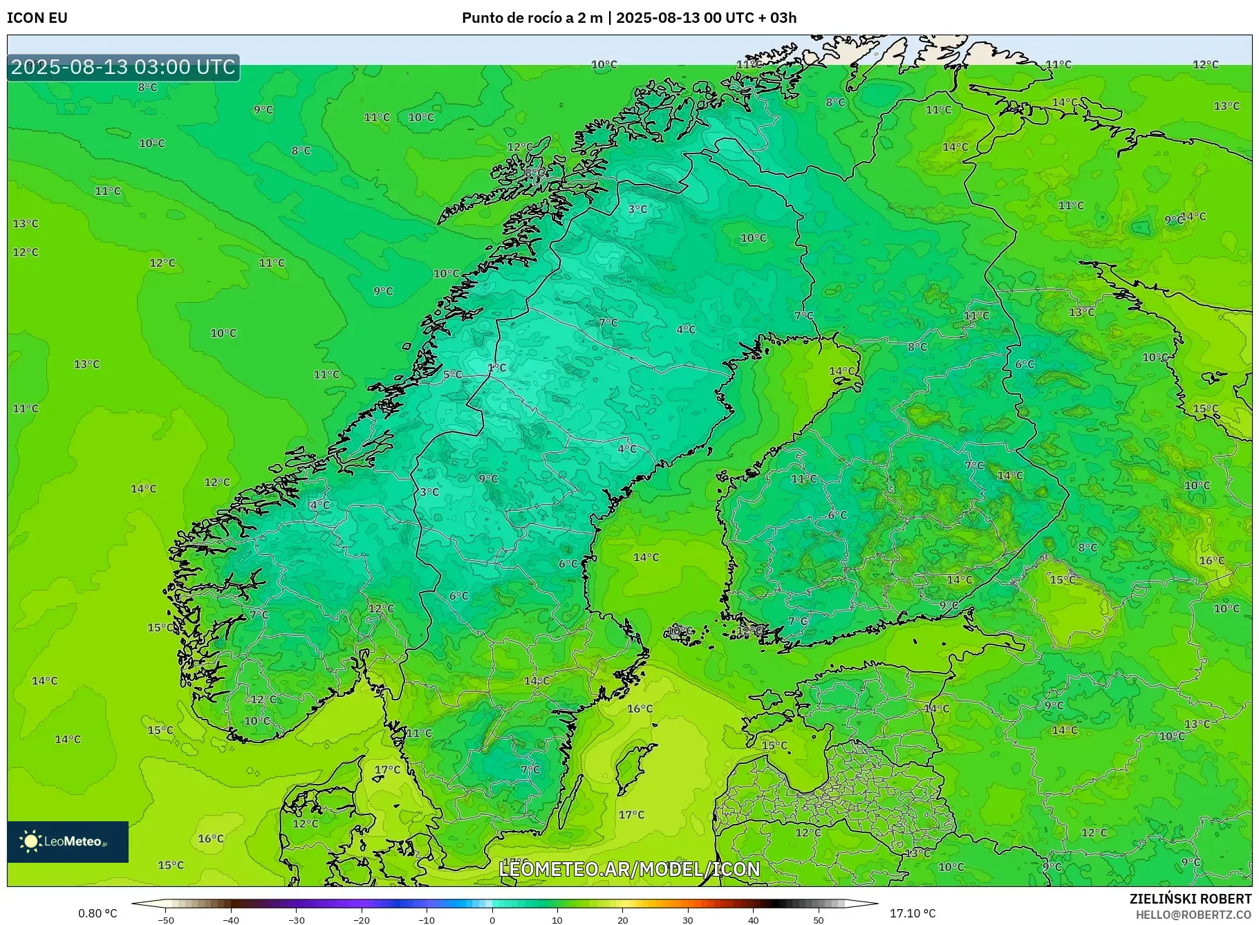 ICON model - Escandinavia, Punto de rocío a 2 m ICON model - Escandinavia, Punto de rocío a 2 m