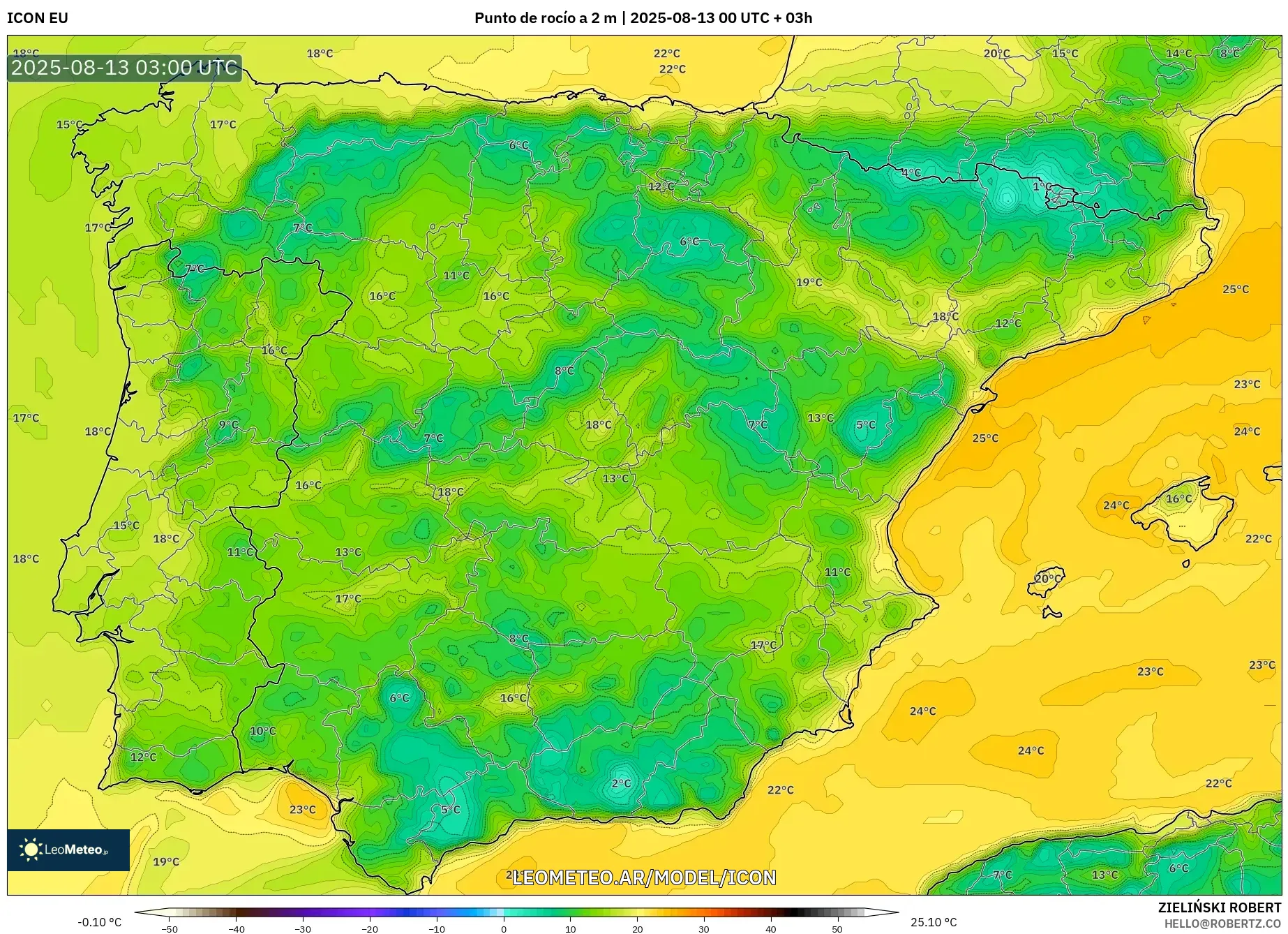 ICON model - España, Punto de rocío a 2 m ICON model - España, Punto de rocío a 2 m