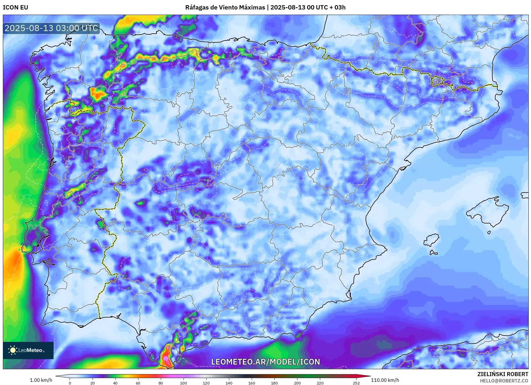 ICON model - España, Ráfagas de Viento Máximas ICON model - España, Ráfagas de Viento Máximas