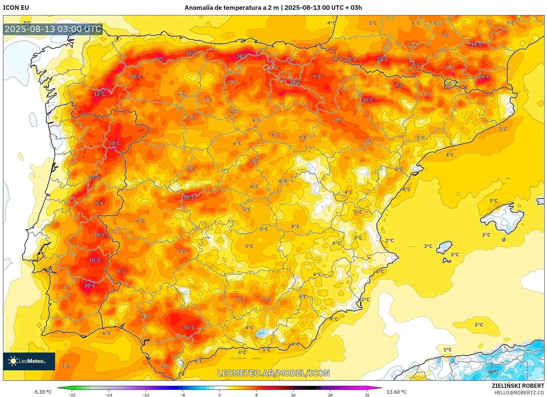 ICON model - España, Anomalía de temperatura a 2 m ICON model - España, Anomalía de temperatura a 2 m