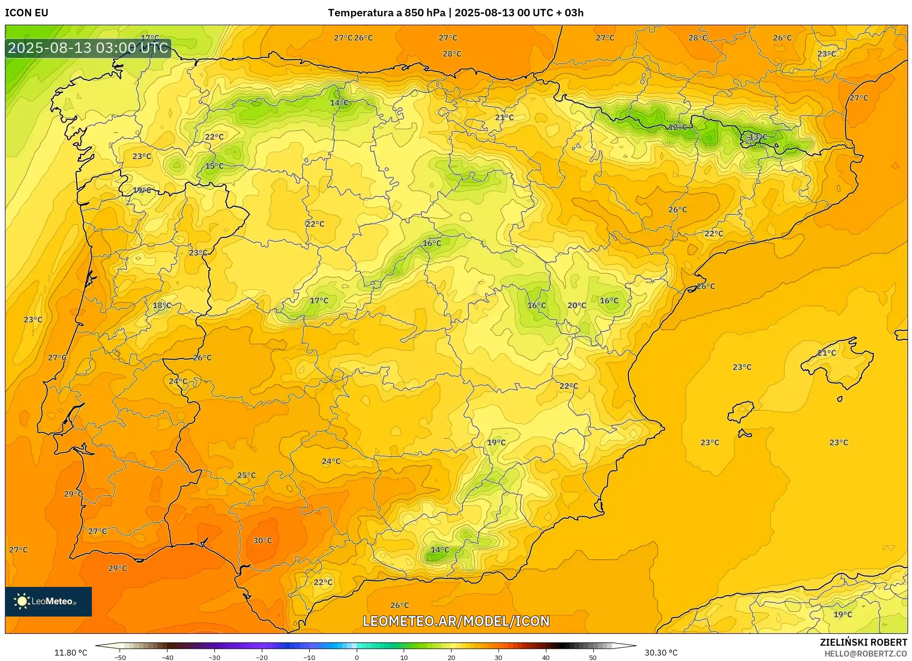 ICON model - España, Temperatura a 850 hPa