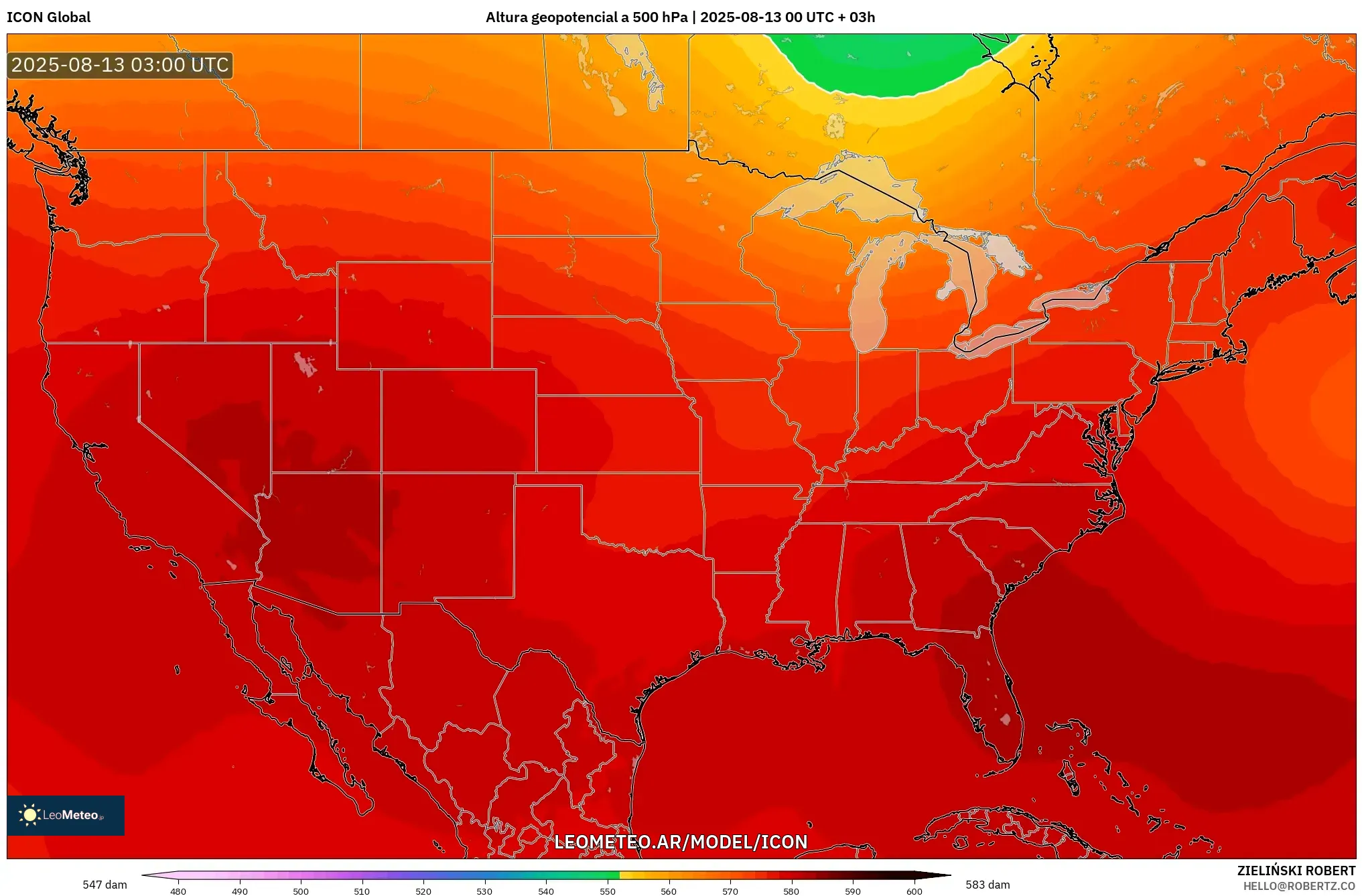 ICON model - Estados Unidos, Altura geopotencial a 500 hPa