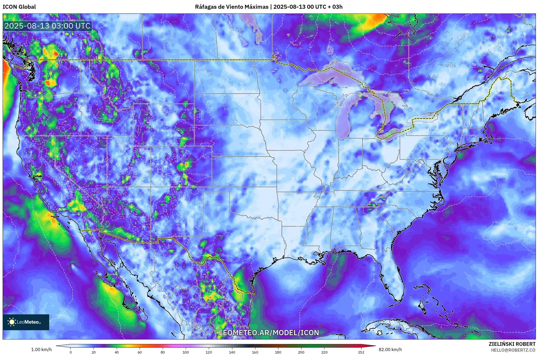 ICON model - Estados Unidos, Ráfagas de Viento Máximas ICON model - Estados Unidos, Ráfagas de Viento Máximas