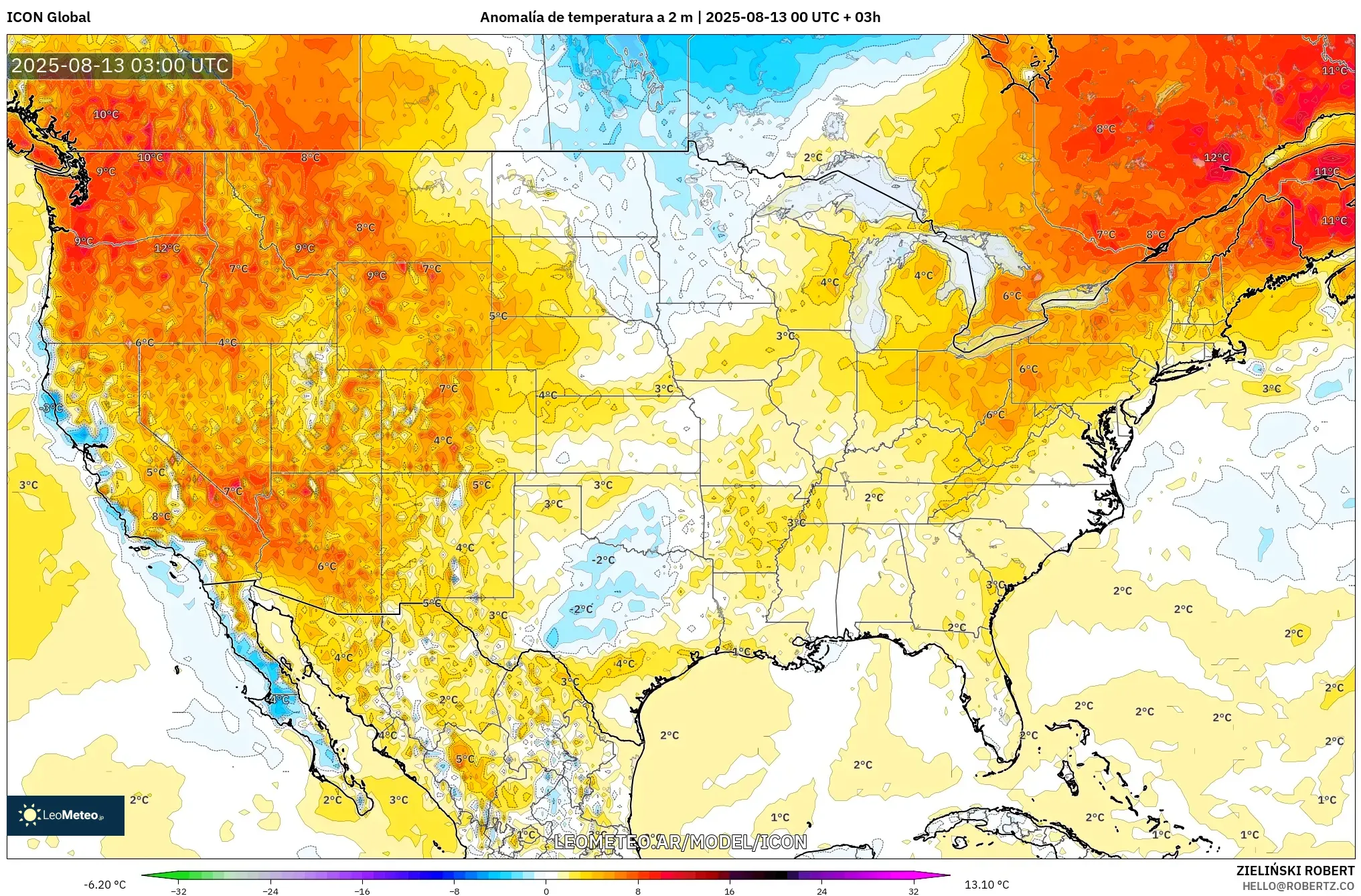 ICON model - Estados Unidos, Anomalía de temperatura a 2 m
