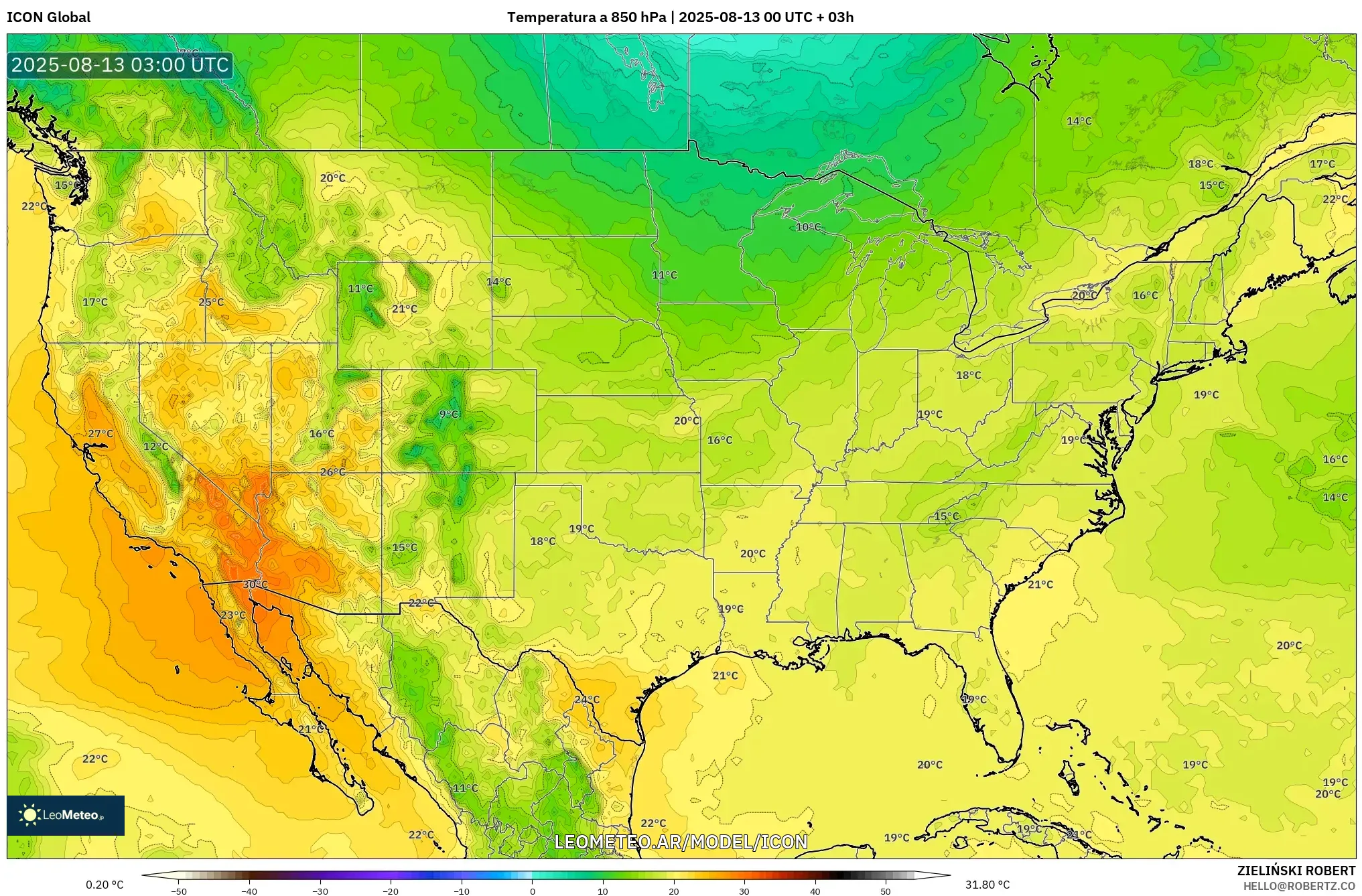 ICON model - Estados Unidos, Temperatura a 850 hPa ICON model - Estados Unidos, Temperatura a 850 hPa